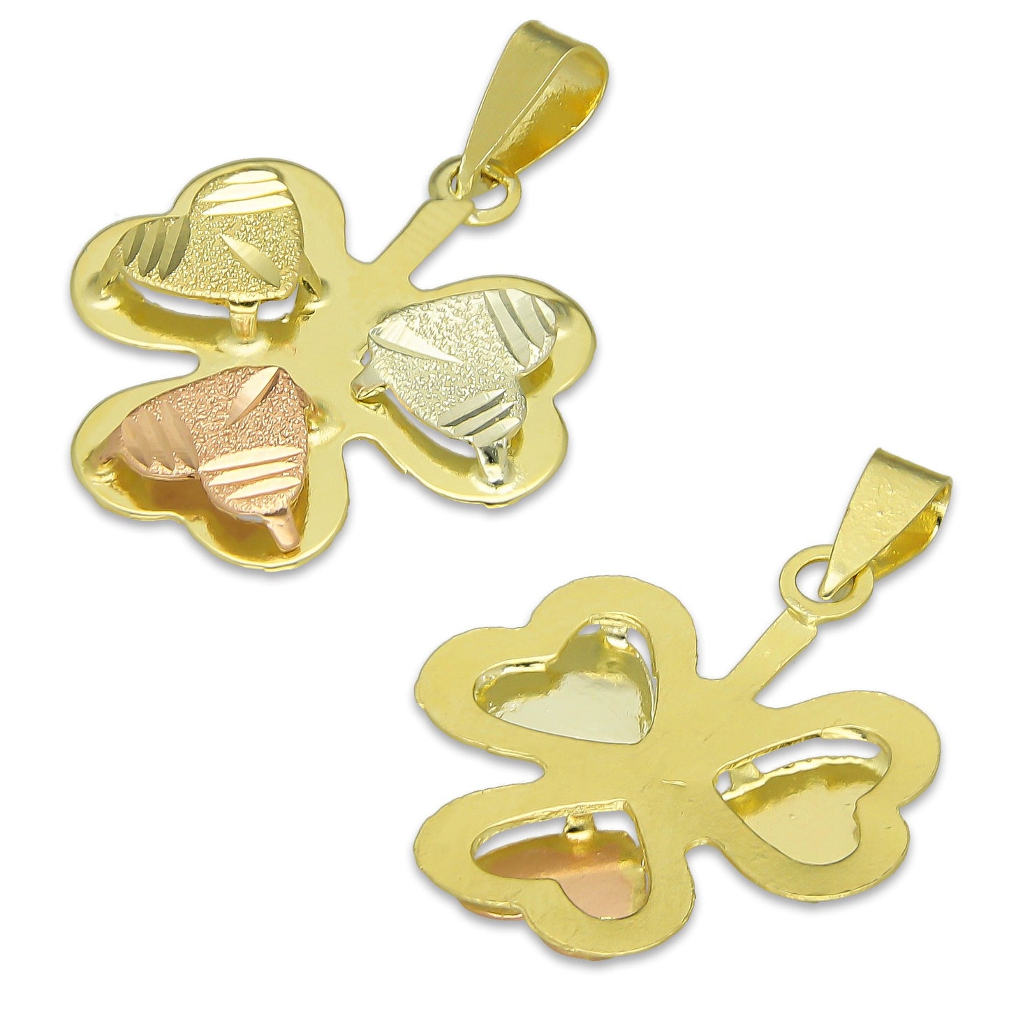 MR14DJ119 Dije Oro Sólido 14K Trébol Troquelado Diamantado Florentino 1.7 cm x 2.3 cm