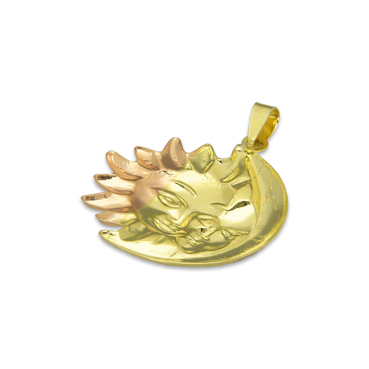 MR14DJ128 Dije Oro Sólido 14K Eclipse Sol y Luna Troquelado Diamantado Florentino 2.3 cm x 2.9 cm