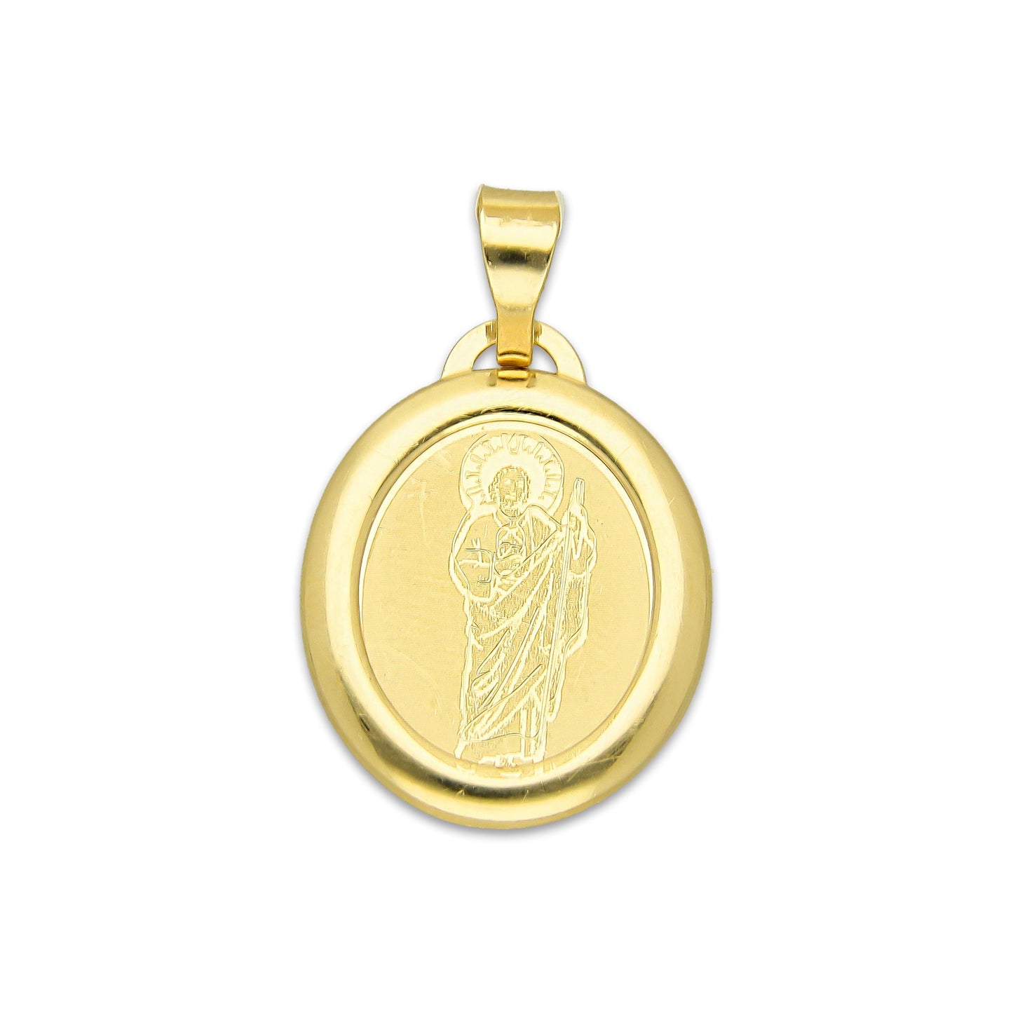 MR14DJ170 Dije Oro Sólido 14K EM San Judas Láser Bisel Liso 1.5 cm x 2.5 cm
