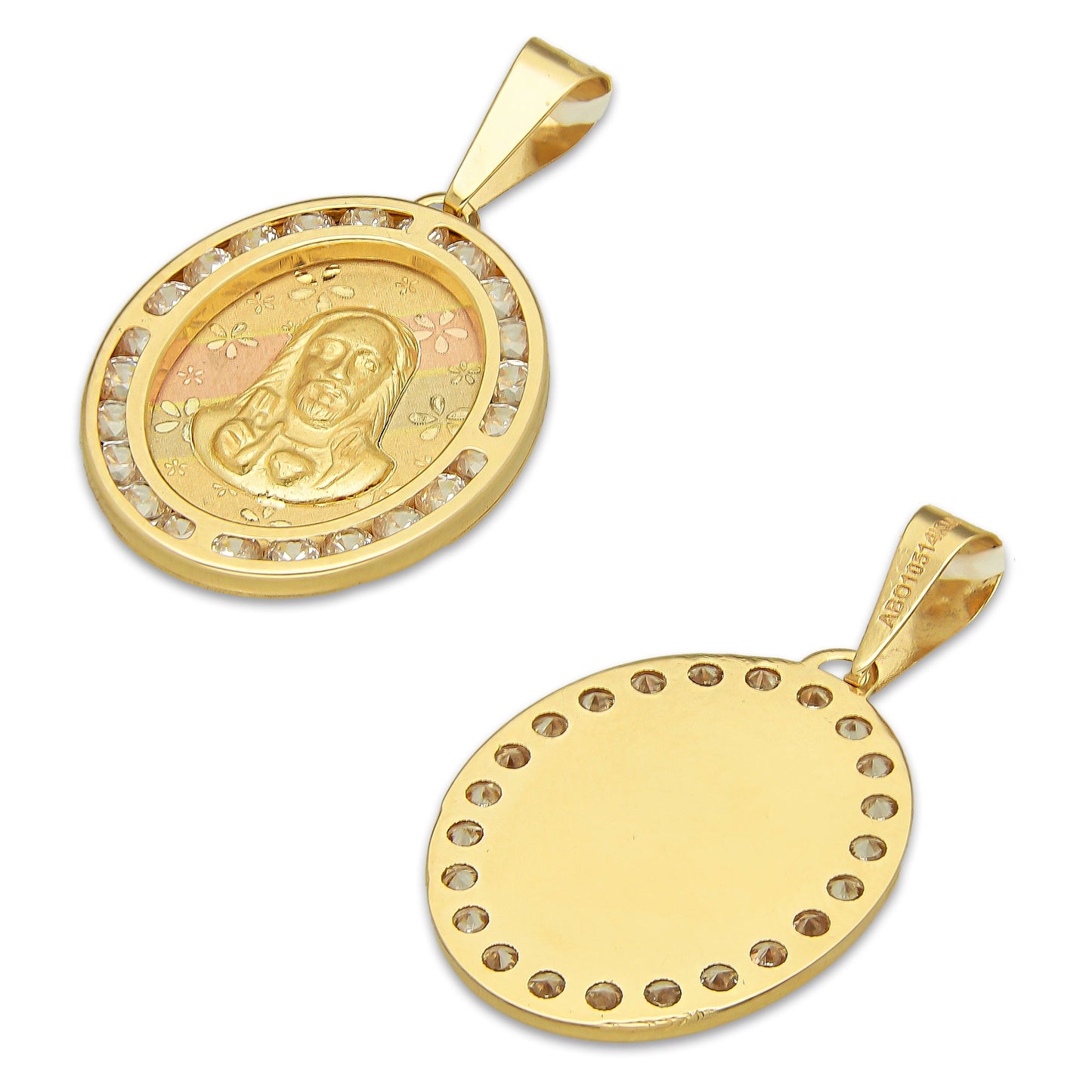 MR14DJ175 Dije Oro Sólido 14K EM Busto Sagrado Corazón Láser Florentino con Flores Láser Óvalo Bisel con Zirconias 1.7 cm x 3.1 cm