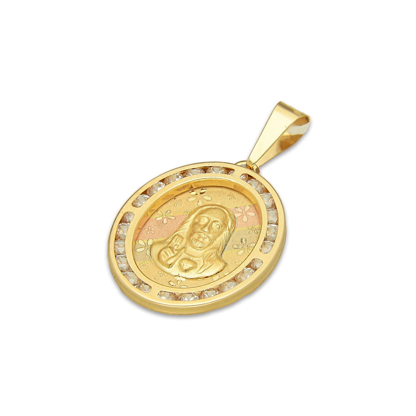 MR14DJ175 Dije Oro Sólido 14K EM Busto Sagrado Corazón Láser Florentino con Flores Láser Óvalo Bisel con Zirconias 1.7 cm x 3.1 cm