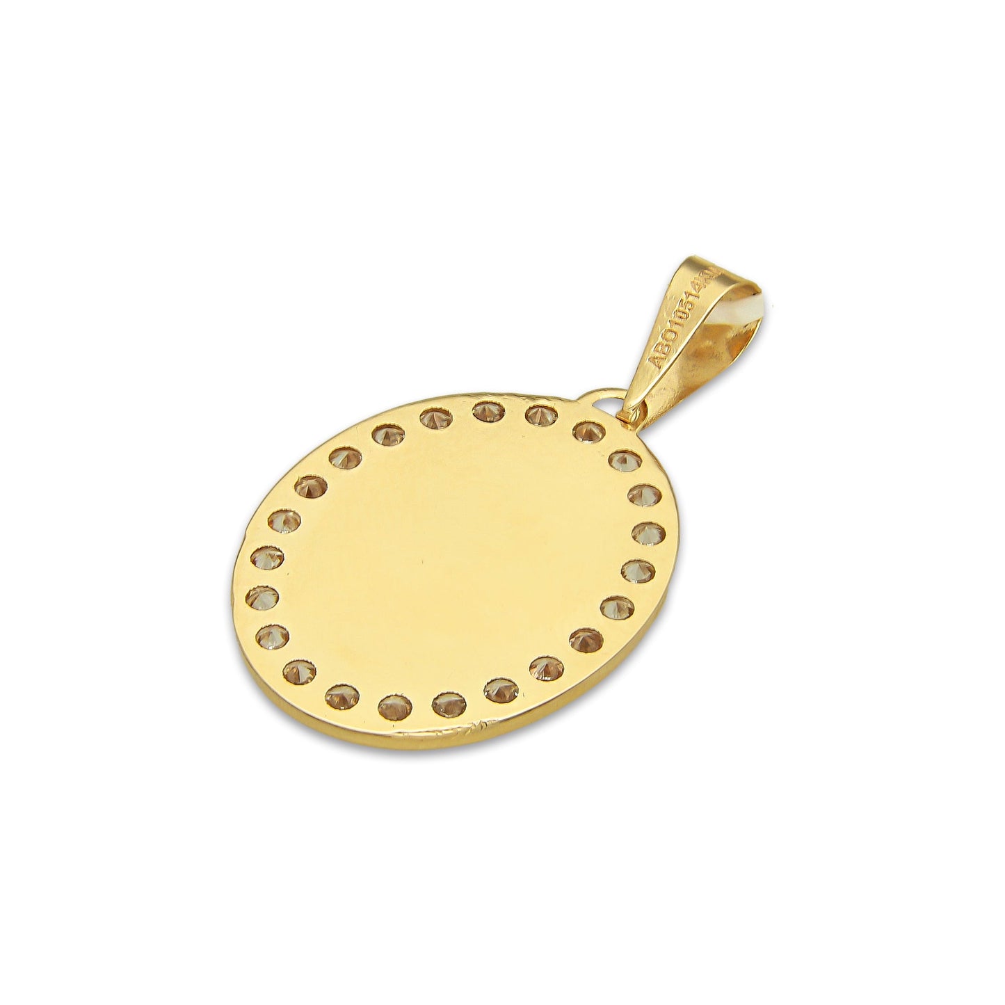 MR14DJ175 Dije Oro Sólido 14K EM Busto Sagrado Corazón Láser Florentino con Flores Láser Óvalo Bisel con Zirconias 1.7 cm x 3.1 cm