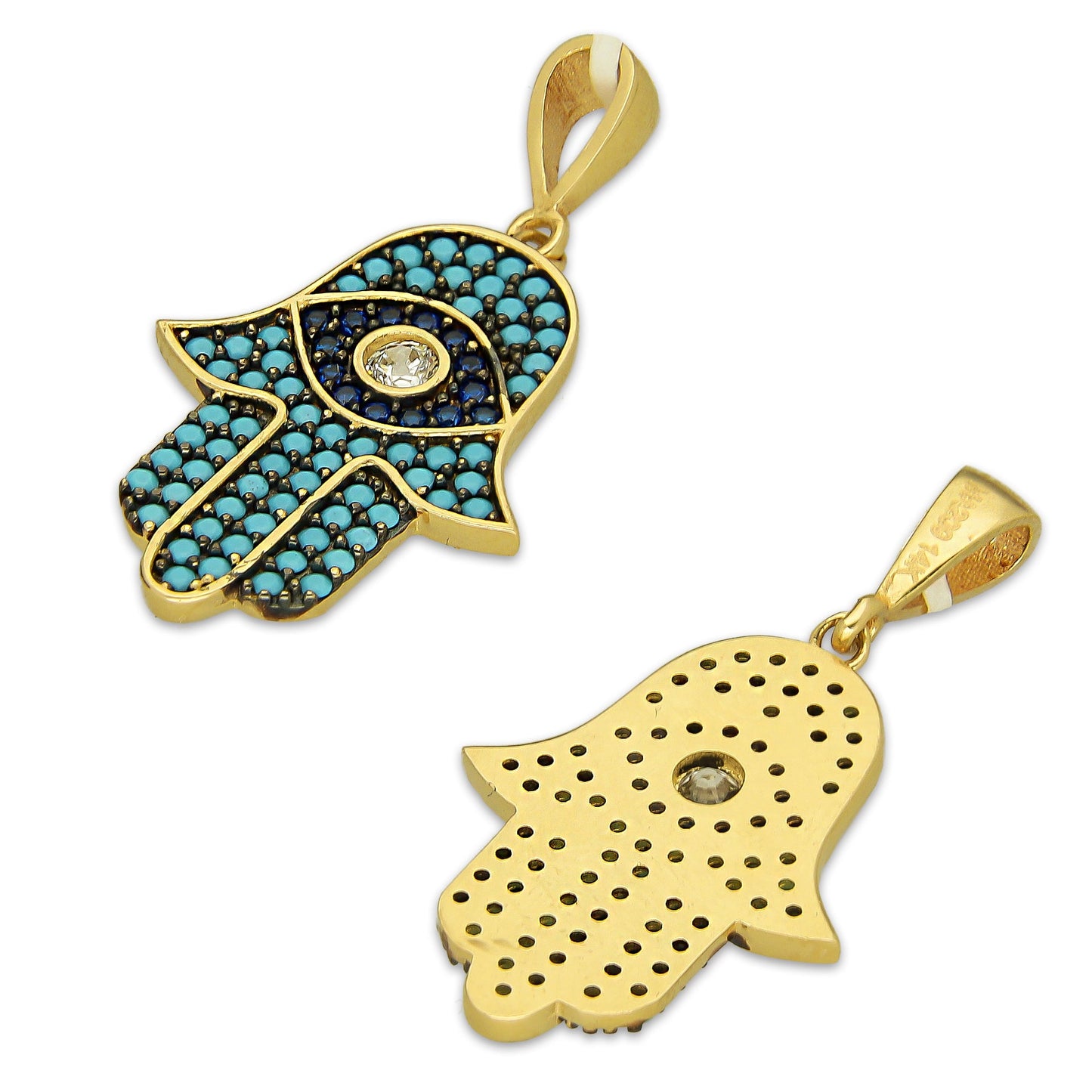 MR14DJ180 Dije Oro Sólido 14K EM Mano de Fatima Azul Turqueza 1.5 cm x 2.9 cm
