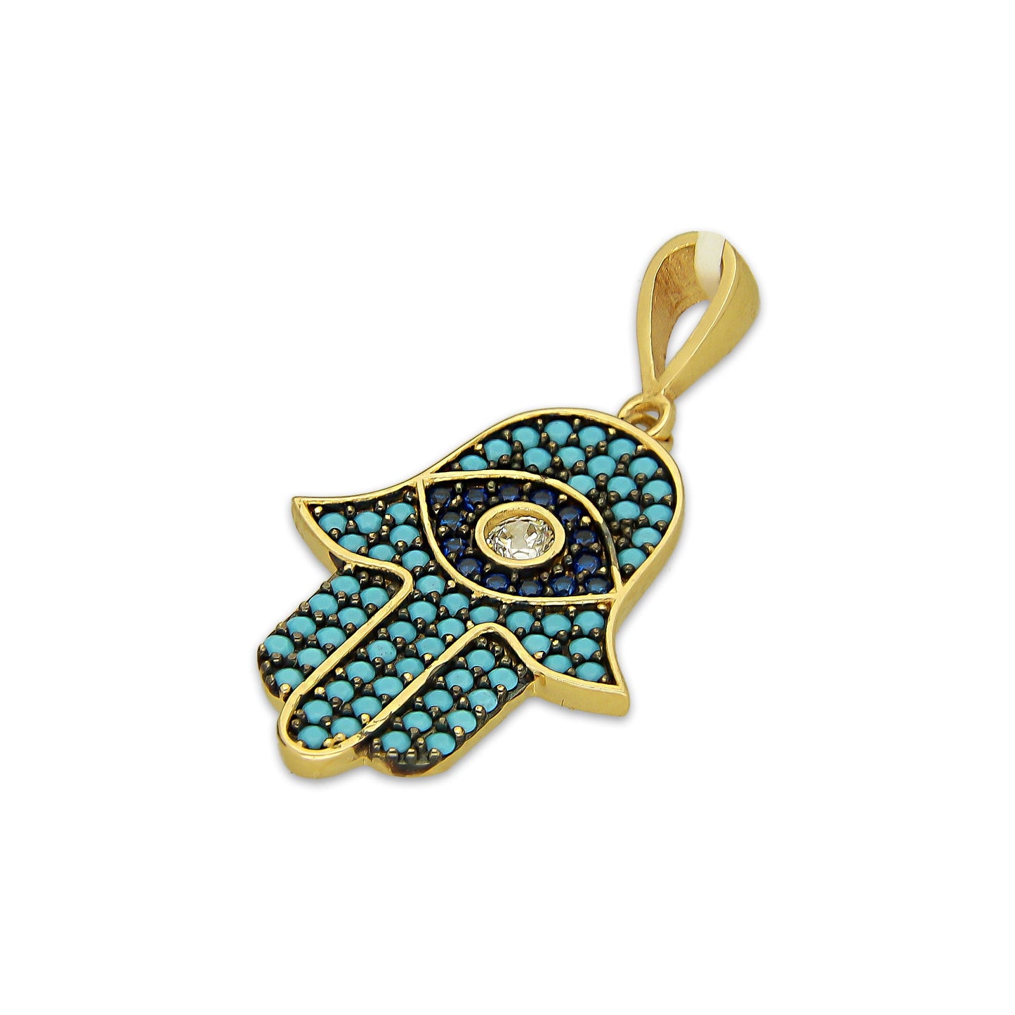 MR14DJ180 Dije Oro Sólido 14K EM Mano de Fatima Azul Turqueza 1.5 cm x 2.9 cm