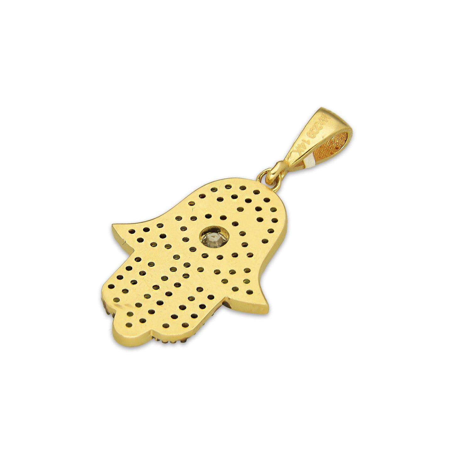 MR14DJ180 Dije Oro Sólido 14K EM Mano de Fatima Azul Turqueza 1.5 cm x 2.9 cm