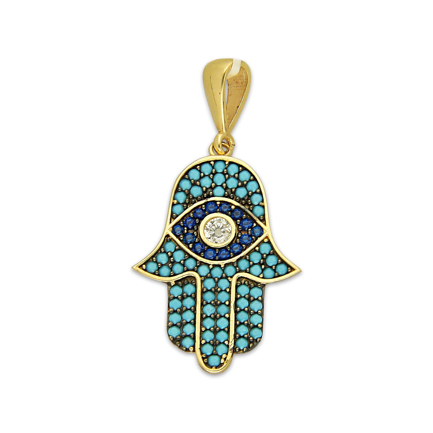 MR14DJ180 Dije Oro Sólido 14K EM Mano de Fatima Azul Turqueza 1.5 cm x 2.9 cm