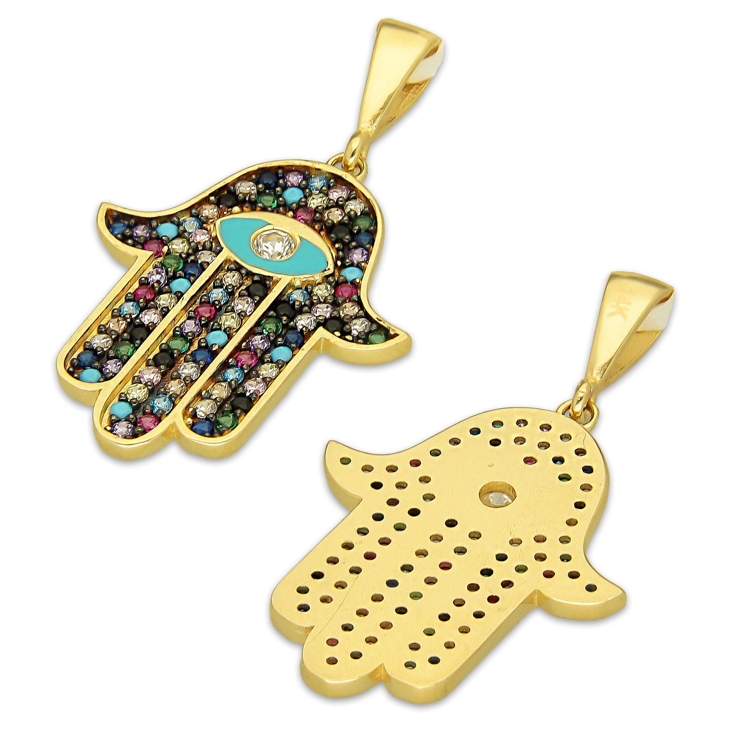 MR14DJ181 Dije Oro Sólido 14K EM Mano de Fatima Azul Ojo Azul Turqueza 1.8 cm x 3.1 cm