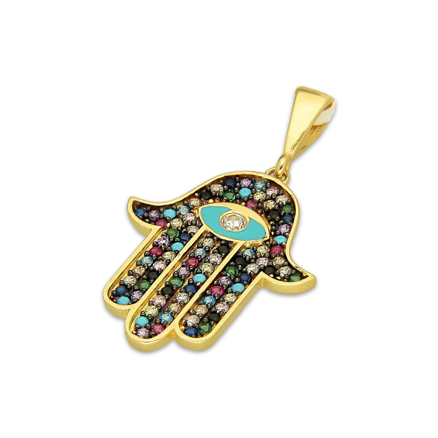 MR14DJ181 Dije Oro Sólido 14K EM Mano de Fatima Azul Ojo Azul Turqueza 1.8 cm x 3.1 cm