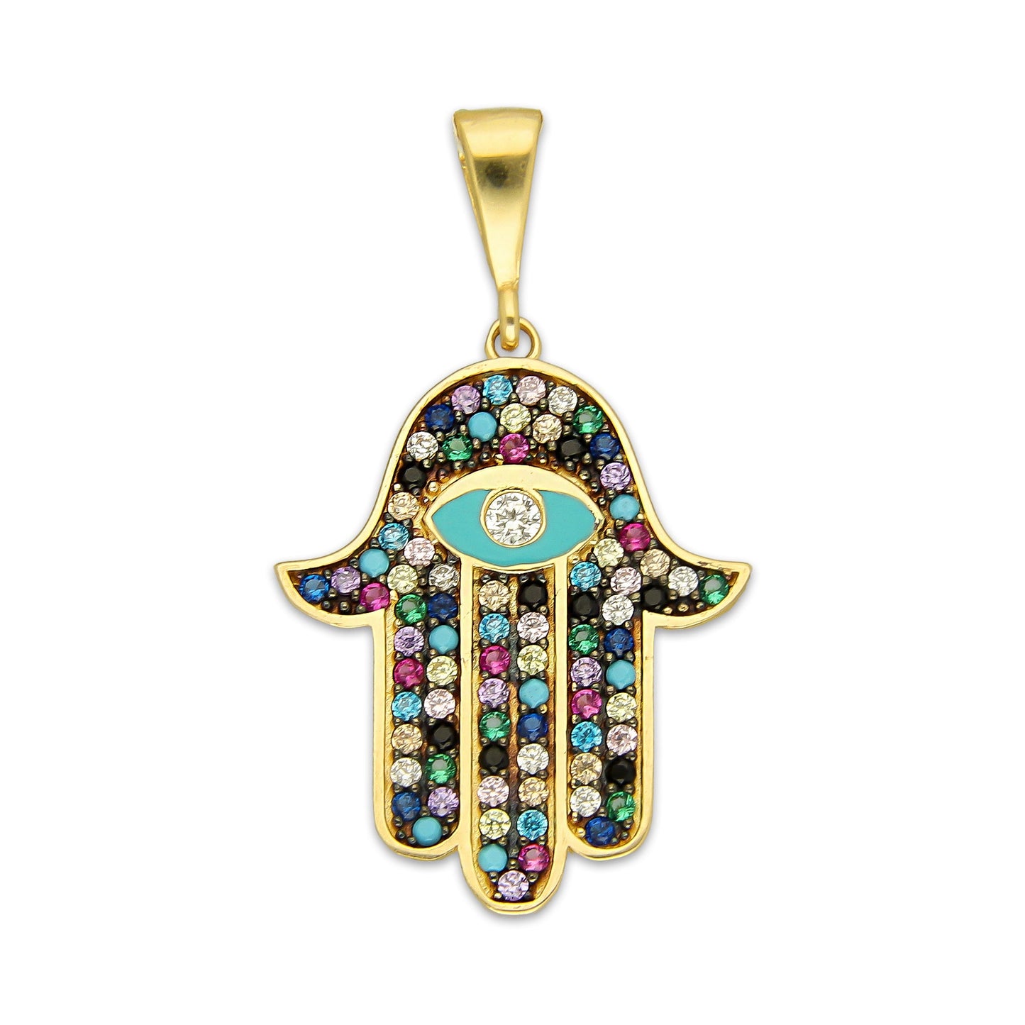 MR14DJ181 Dije Oro Sólido 14K EM Mano de Fatima Azul Ojo Azul Turqueza 1.8 cm x 3.1 cm