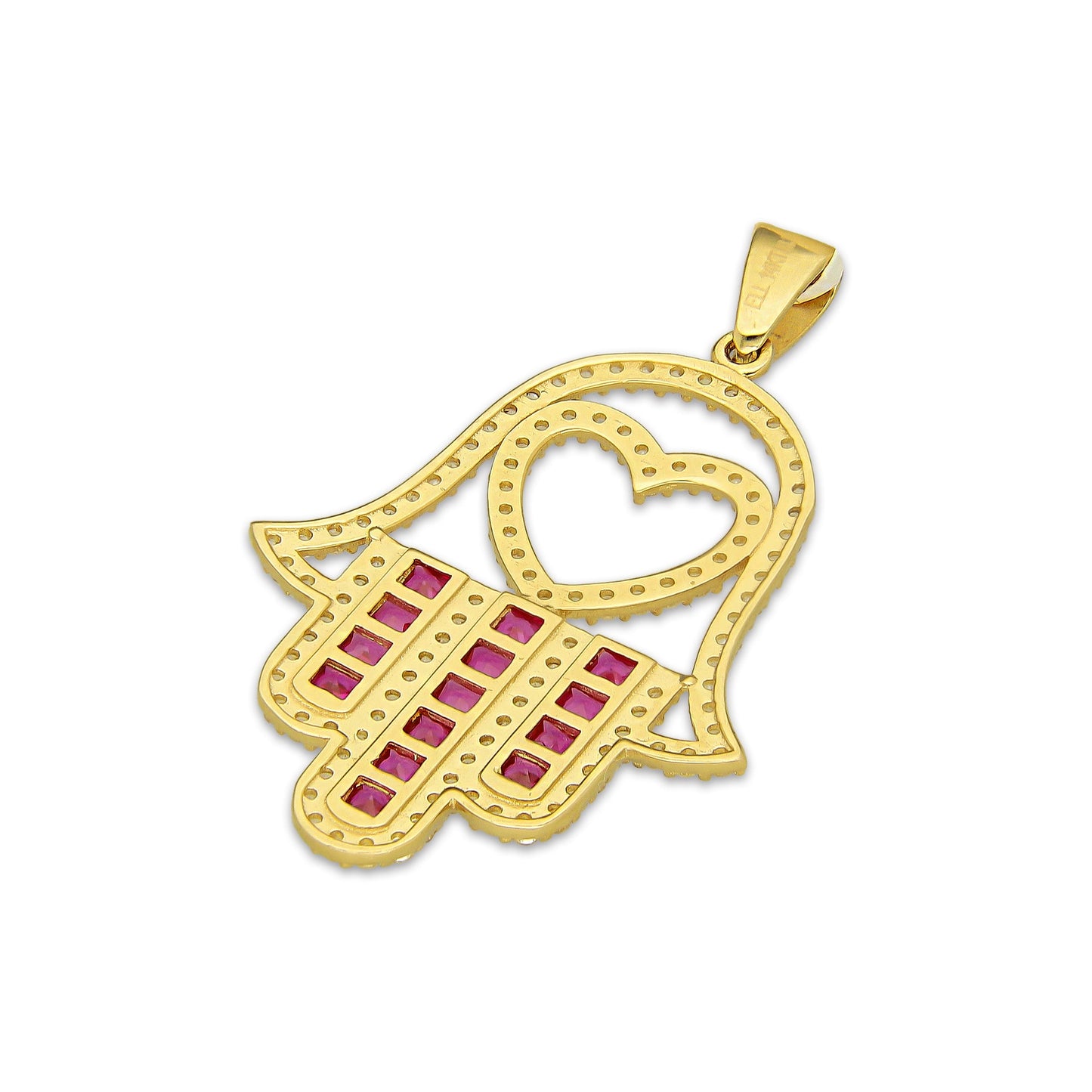 MR14DJ182 Dije Oro Sólido 14K EM Mano de Fatima Azul Centro Corazón 2.2 cm x 3.6 cm