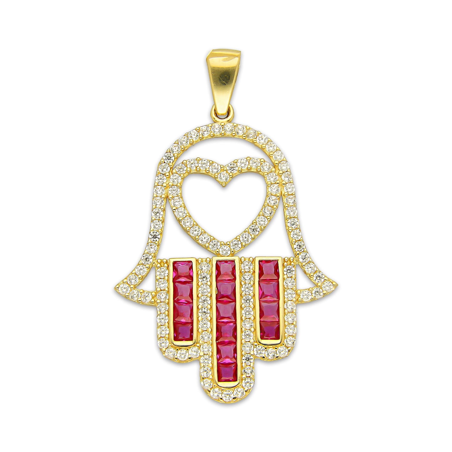 MR14DJ182 Dije Oro Sólido 14K EM Mano de Fatima Azul Centro Corazón 2.2 cm x 3.6 cm