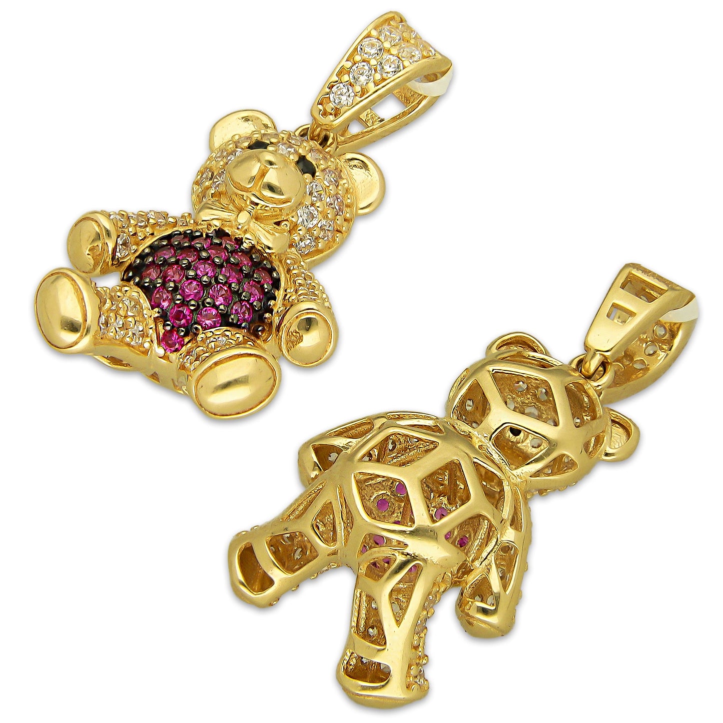 MR14DJ187 Dije Oro Sólido 14K EM Oso 3D Panza Rosa 1.5 cm x 2.9 cm