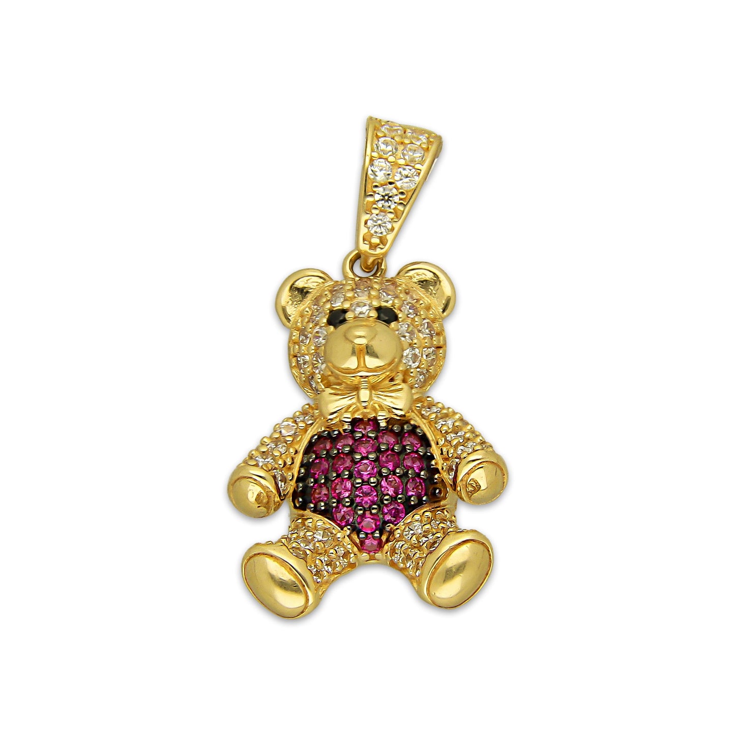 MR14DJ187 Dije Oro Sólido 14K EM Oso 3D Panza Rosa 1.5 cm x 2.9 cm