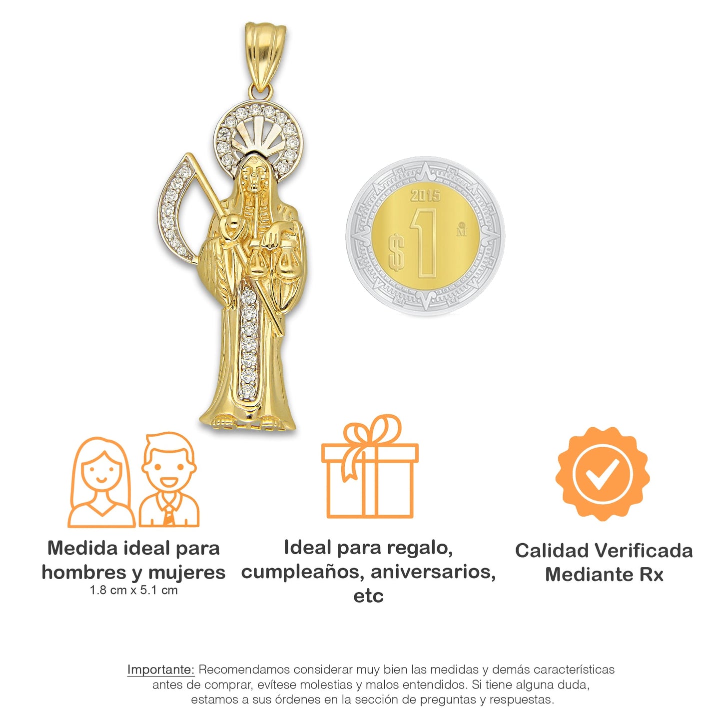 MR14DJ195 Dije Oro Sólido 14K EM Santa Muerte con Zirconia 1.8 cm x 5.1 cm