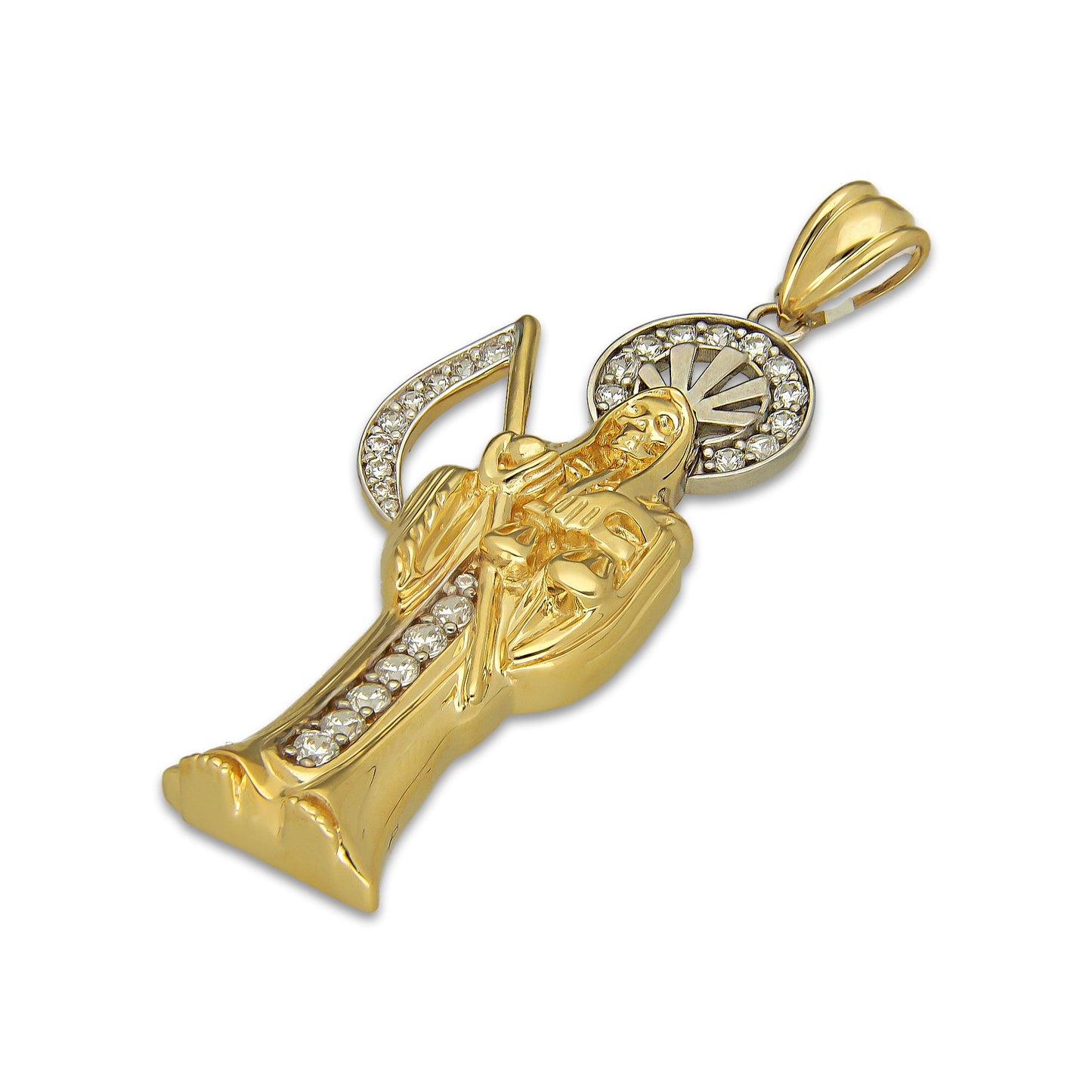 MR14DJ196 Dije Oro Sólido 14K EM Santa Muerte con Zirconia 2.2 cm x 6.1 cm