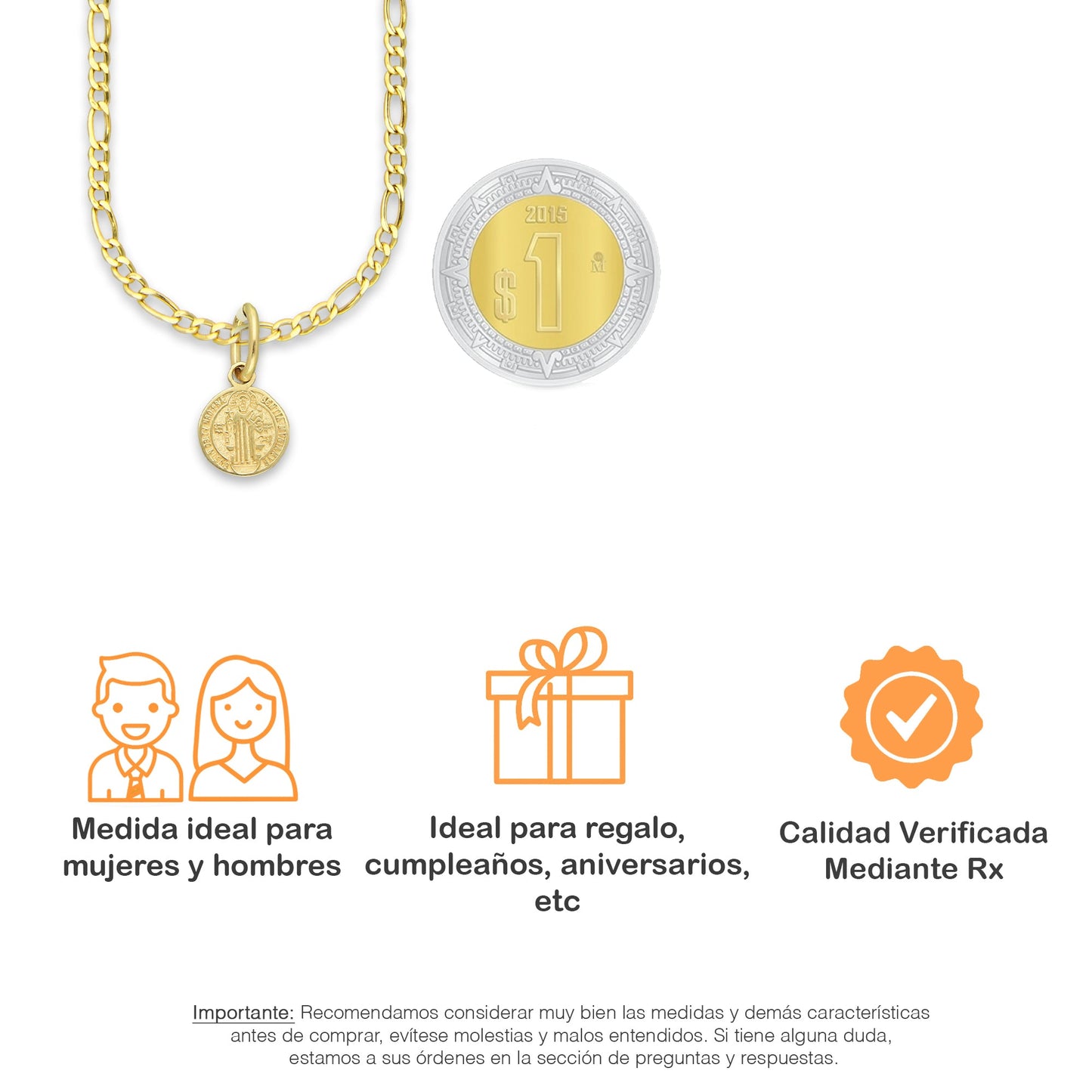 MR14DP013 Cadena Oro Sólido 10K + Dije Oro Sólido 14K EM Mod Medalla de San Benito Doble Vista Diámetro .45 cm