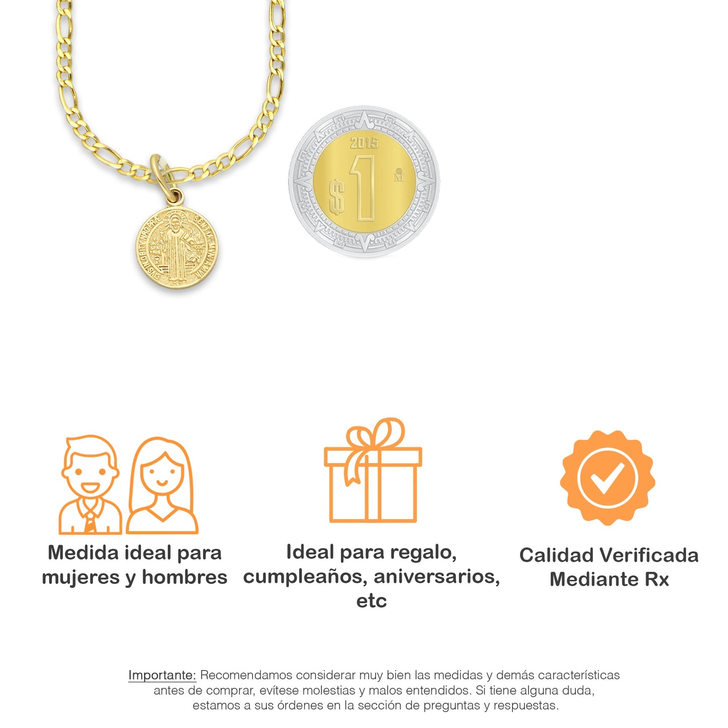 MR14DP014 Cadena Oro Sólido 10K + Dije Oro Sólido 14K EM Mod Medalla de San Benito Doble Vista Diámetro 1.1 cm
