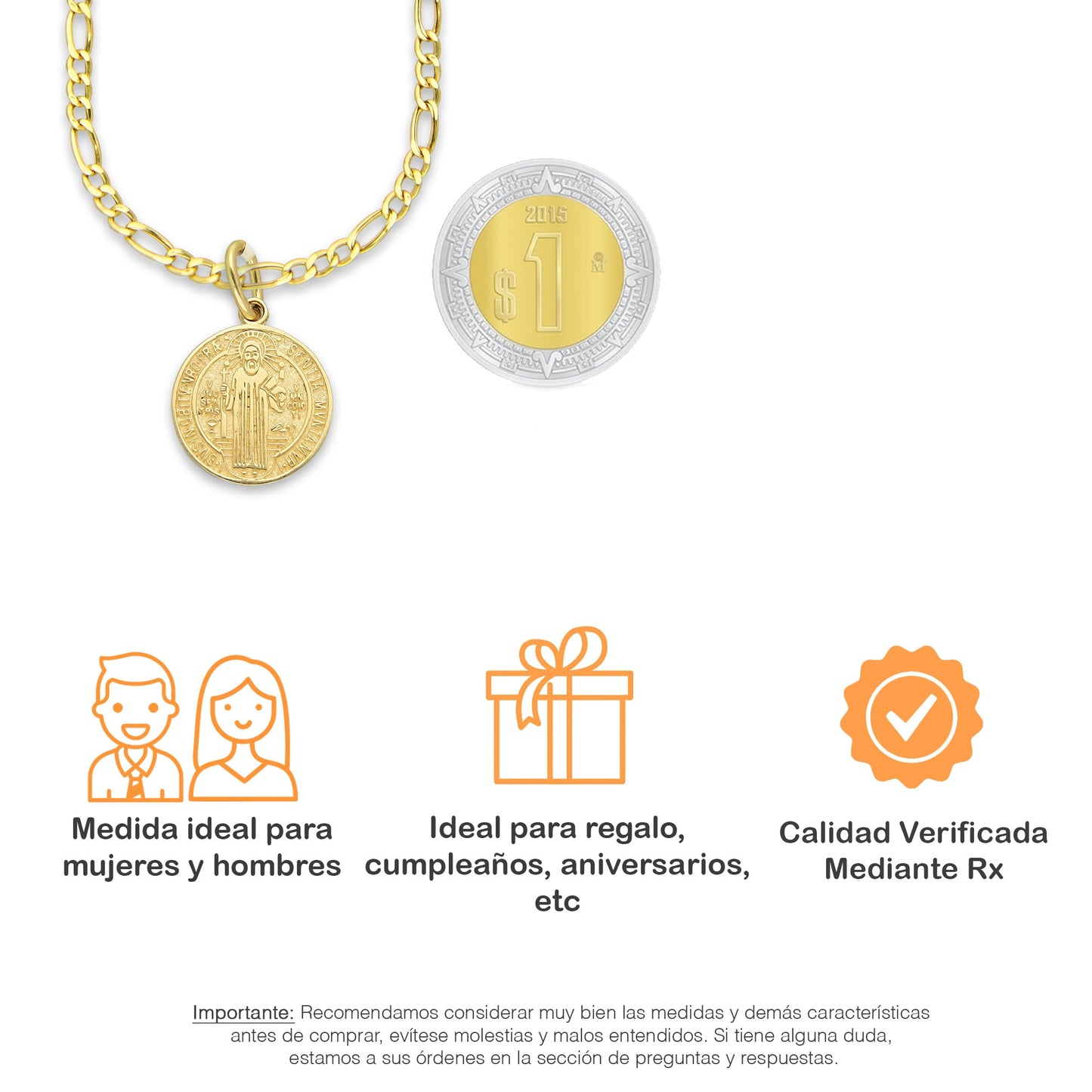 MR14DP015 Cadena Oro Sólido 10K + Dije Oro Sólido 14K EM Mod Medalla de San Benito Doble Vista Diámetro 1.4 cm
