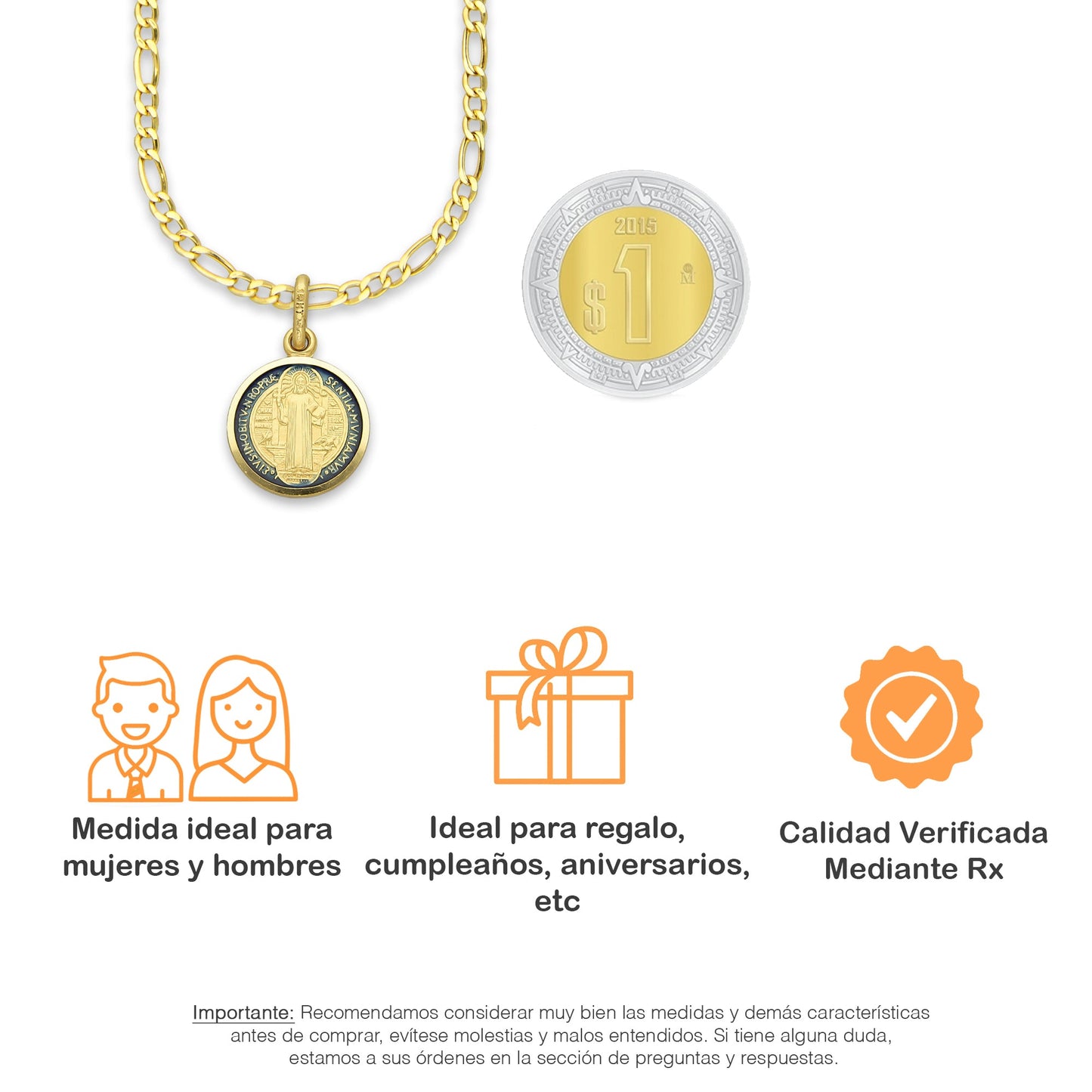 MR14DP018 Cadena Oro Sólido 10K + Dije Oro Sólido 14K EM Mod Medalla de San Benito Doble Vista Esmaltada Diámetro 1.3 cm