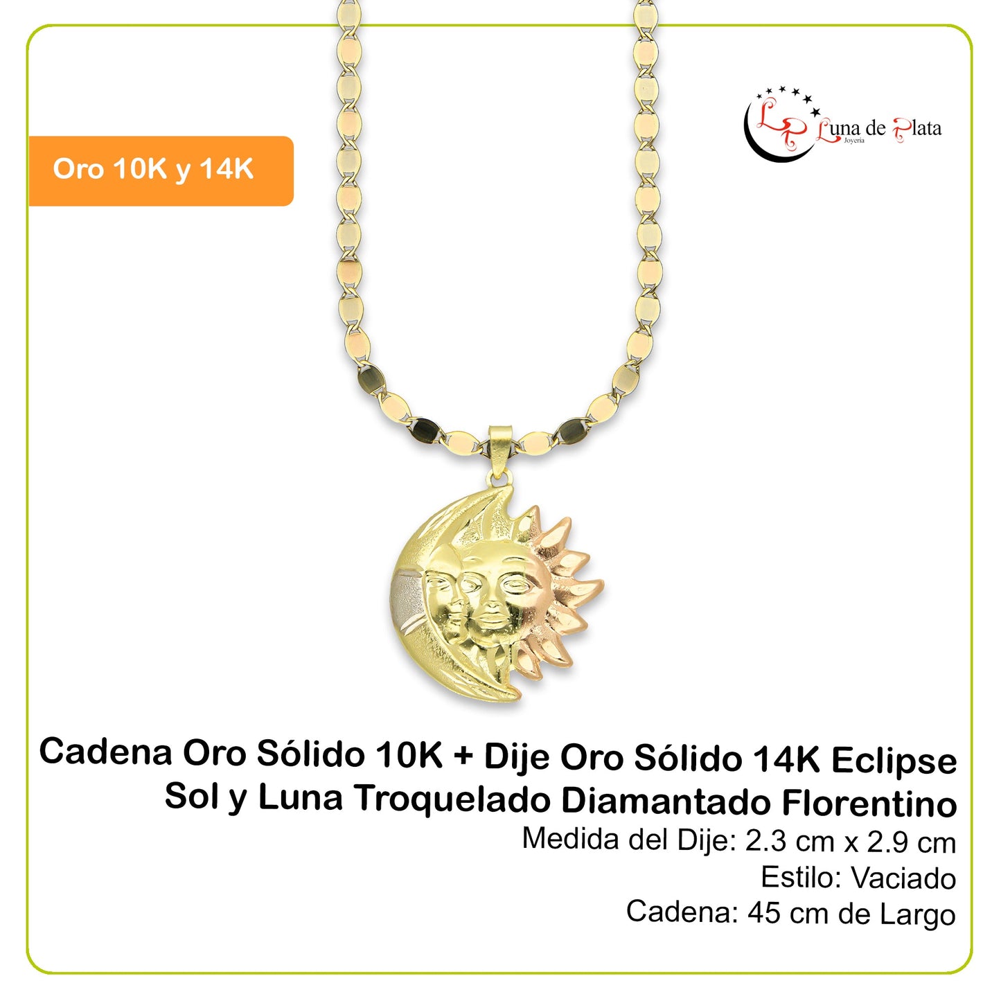 MR14DP031 Cadena Oro Sólido 10K + Dije Oro Sólido 14K Eclipse Sol y Luna Troquelado Diamantado Florentino 2.3 cm x 2.9 cm