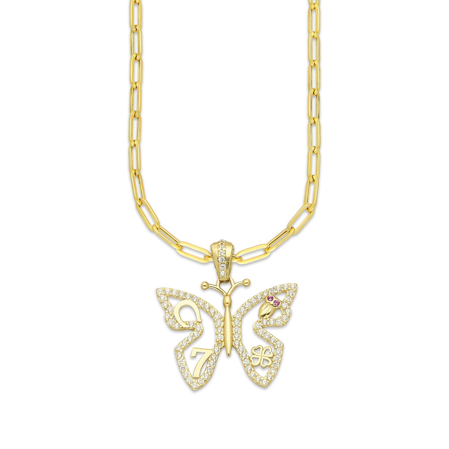 MR14DP067 Cadena Oro Sólido 10K + Dije Oro Sólido 14K EM Mariposa de la Suerte con Zirconias 2.4 cm x 2.6 cm