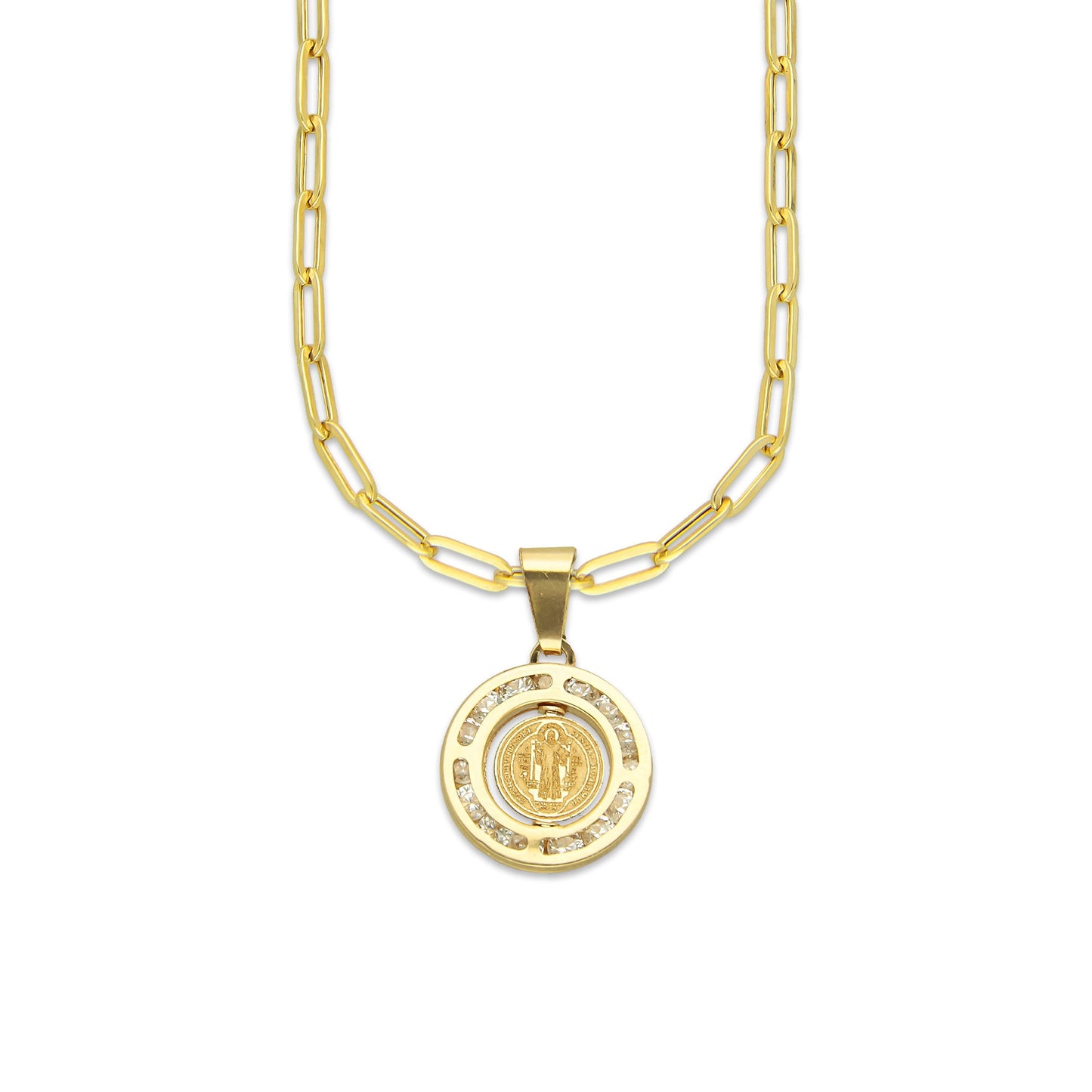 MR14DP074 Cadena Oro Sólido 10K + Dije Oro Sólido 14K EM San Benito Bisel con Zirconias 1.3 cm x 2.1 cm