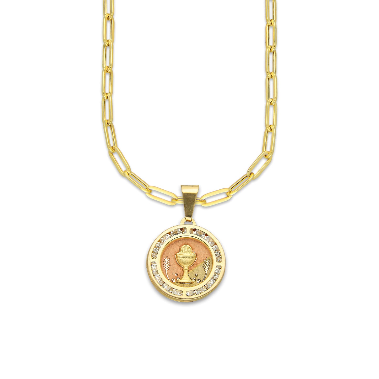 MR14DP076 Cadena Oro Sólido 10K + Dije Oro Sólido 14K EM Primera Comunión Redonda con Zirconias 1.5 cm x 2.3 cm