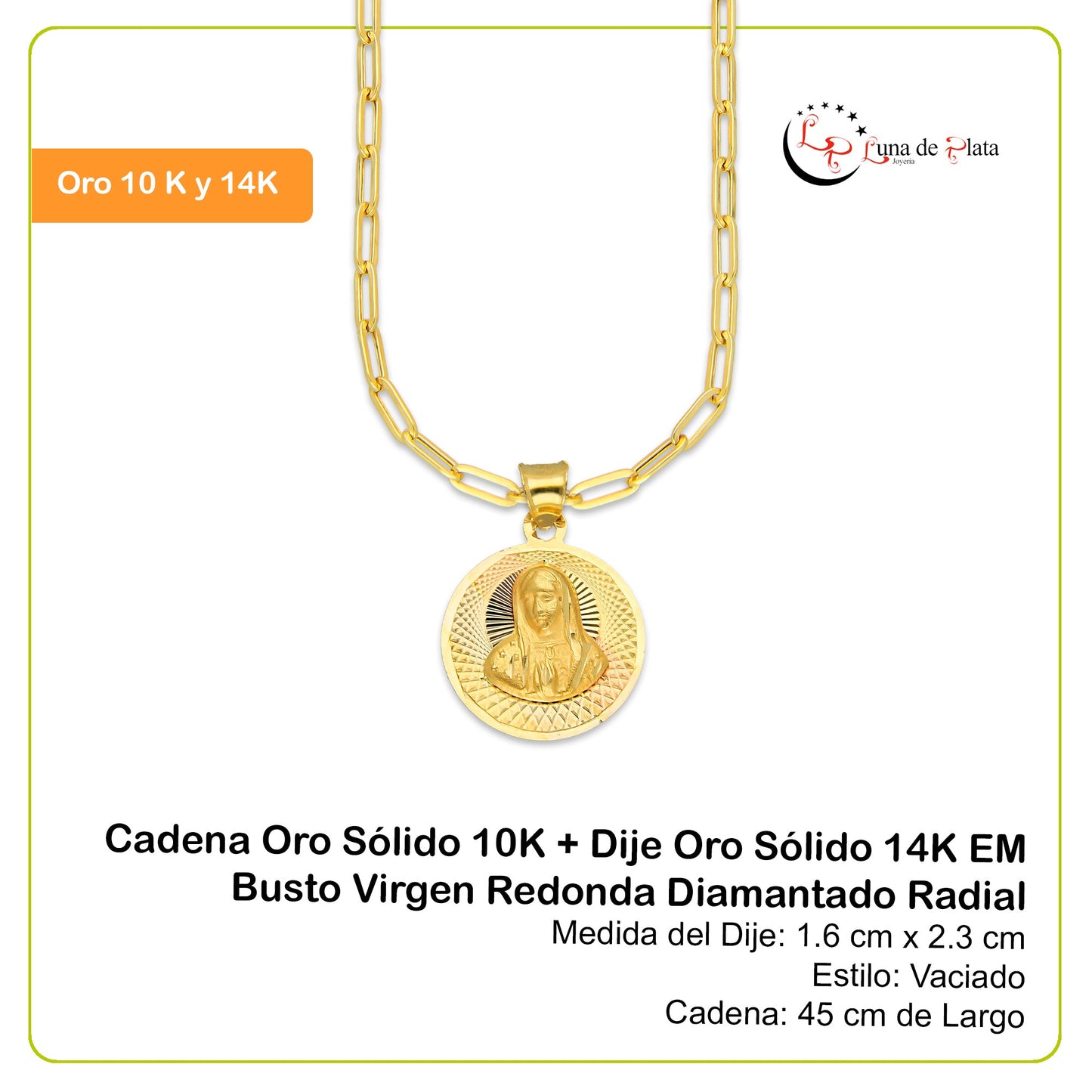 MR14DP077 Cadena Oro Sólido 10K + Dije Oro Sólido 14K EM Busto Virgen Redonda Diamantado Radial 1.6 cm x 2.3 cm