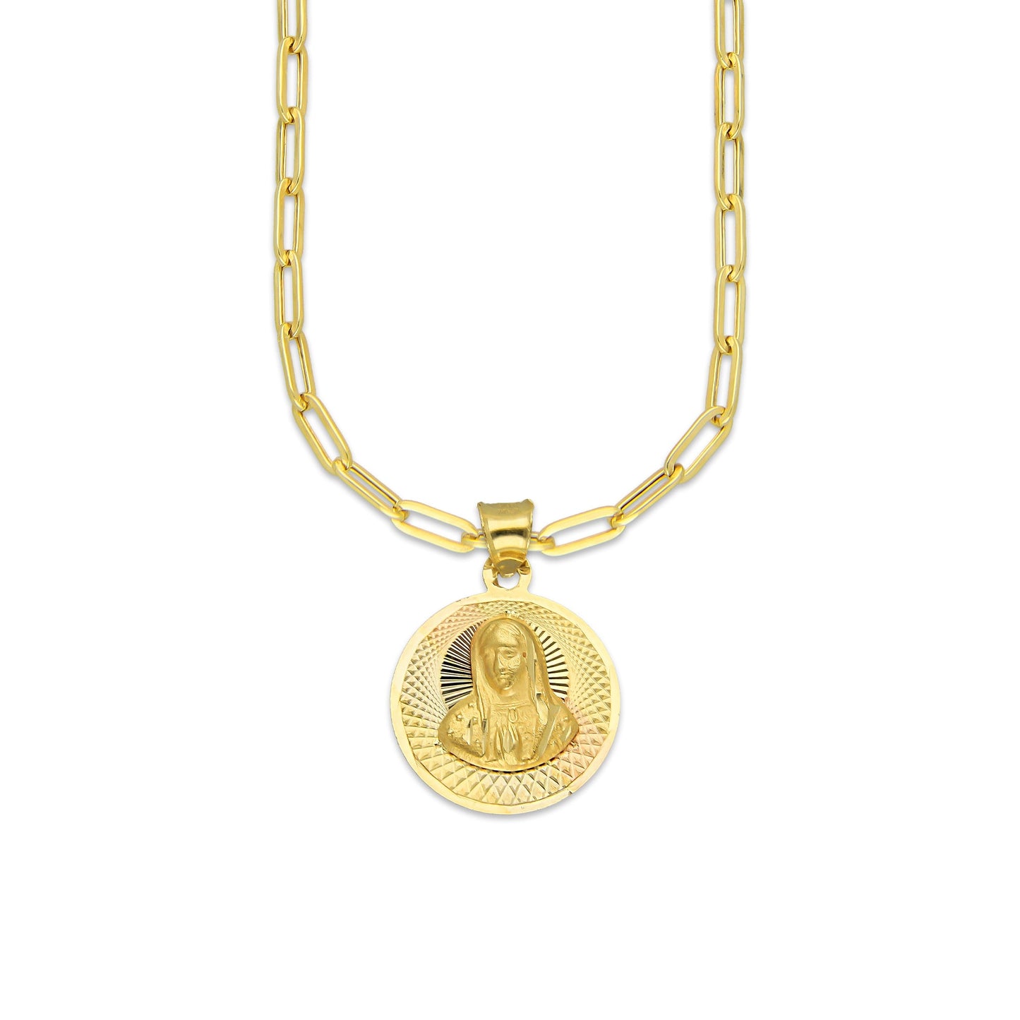 MR14DP077 Cadena Oro Sólido 10K + Dije Oro Sólido 14K EM Busto Virgen Redonda Diamantado Radial 1.6 cm x 2.3 cm