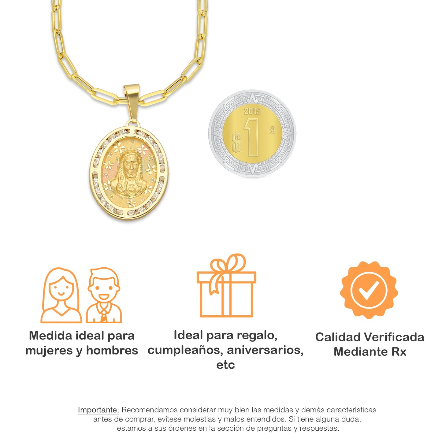 MR14DP078 Cadena Oro Sólido 10K + Dije Oro Sólido 14K EM Busto Sagrado Corazón Láser Florentino con Flores Láser Óvalo Bisel con Zirconias 1.7 cm x 3.1 cm