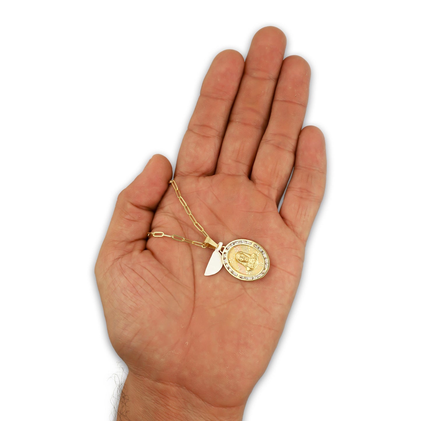 MR14DP078 Cadena Oro Sólido 10K + Dije Oro Sólido 14K EM Busto Sagrado Corazón Láser Florentino con Flores Láser Óvalo Bisel con Zirconias 1.7 cm x 3.1 cm