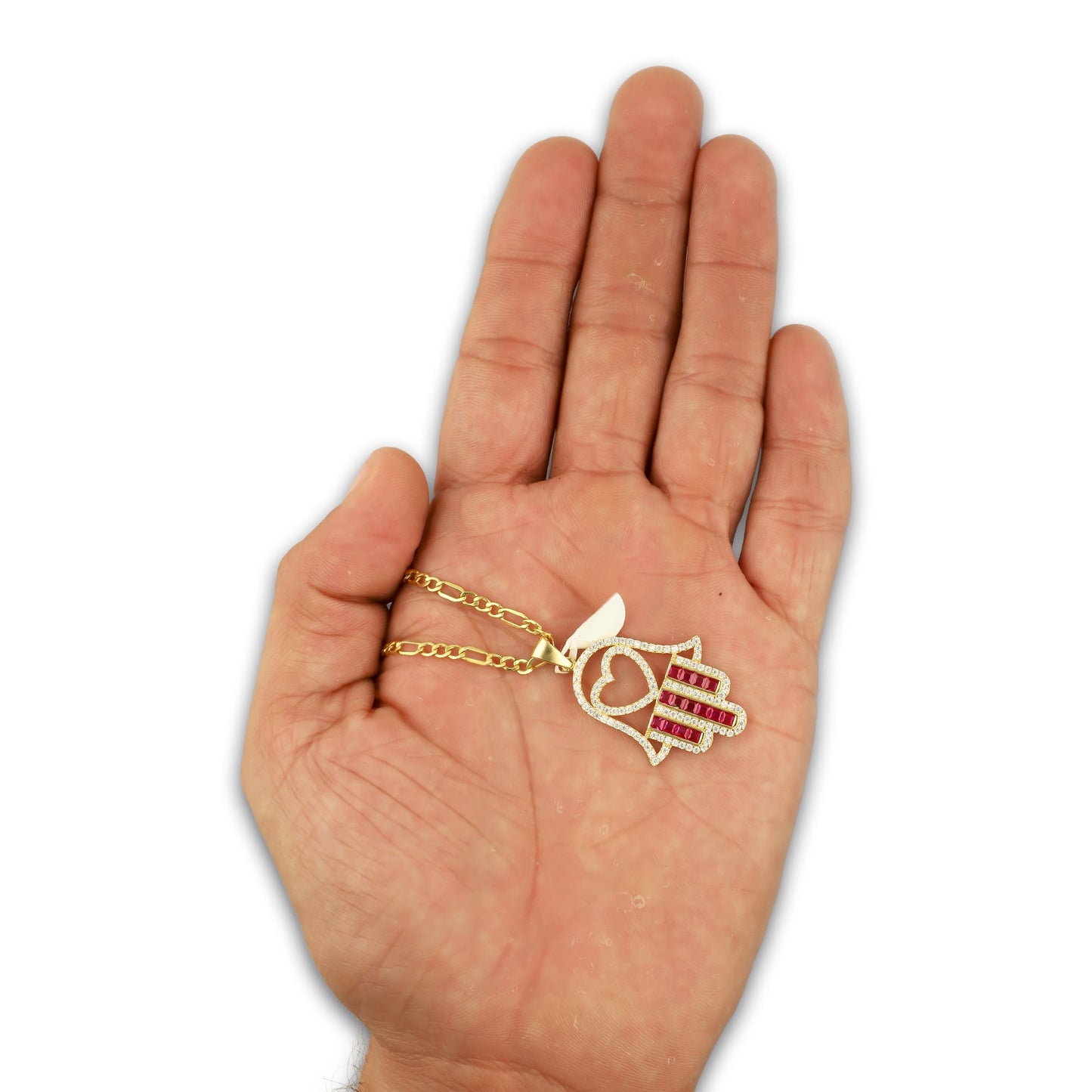 MR14DP085 Cadena Oro Sólido 10K + Dije Oro Sólido 14K EM Mano de Fatima Azul Centro Corazón 2.2 cm x 3.6 cm