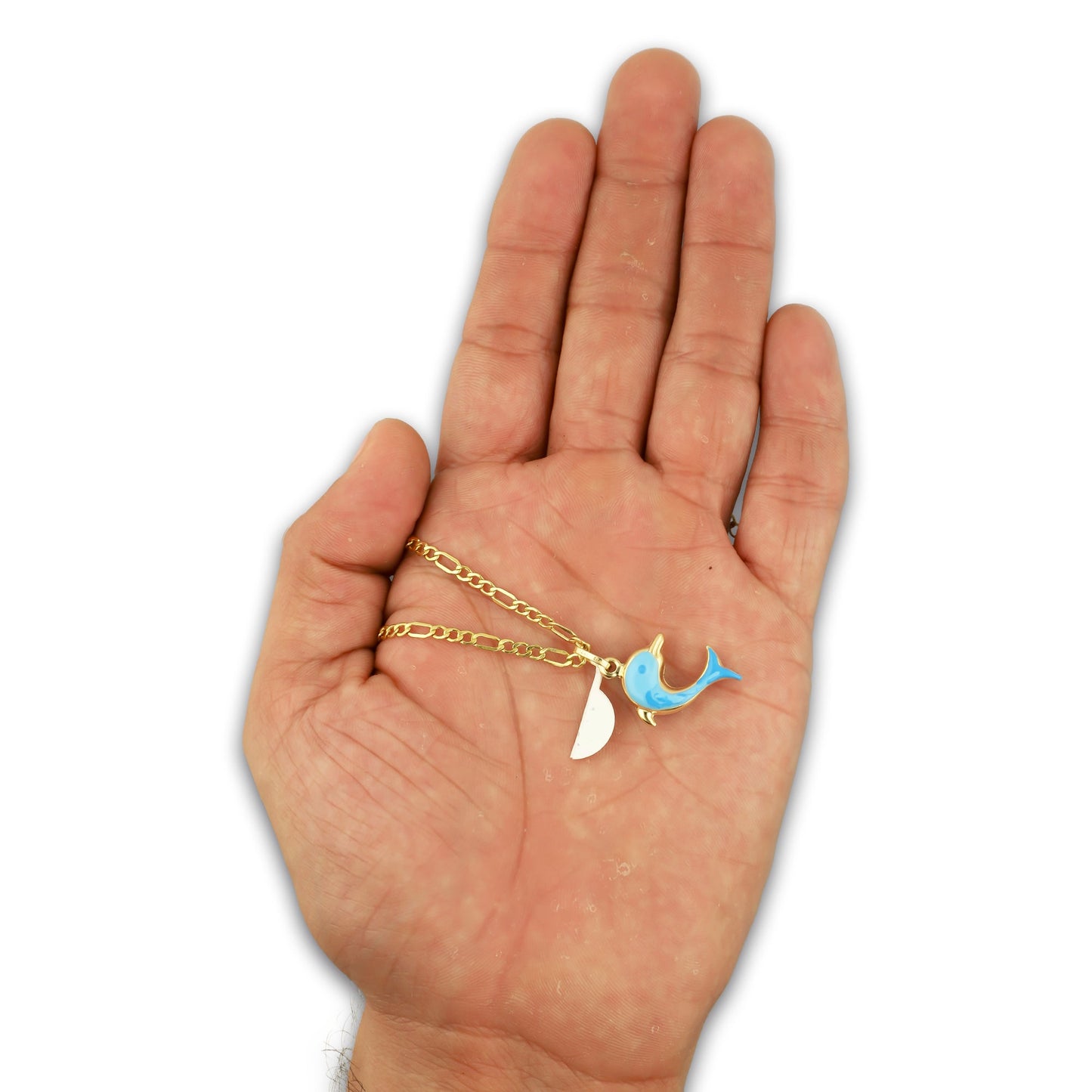 MR14DP087 Cadena Oro Sólido 10K + Dije Oro Sólido 14K EM Delfin Ópalo Azul 1.5 cm x 2.7 cm