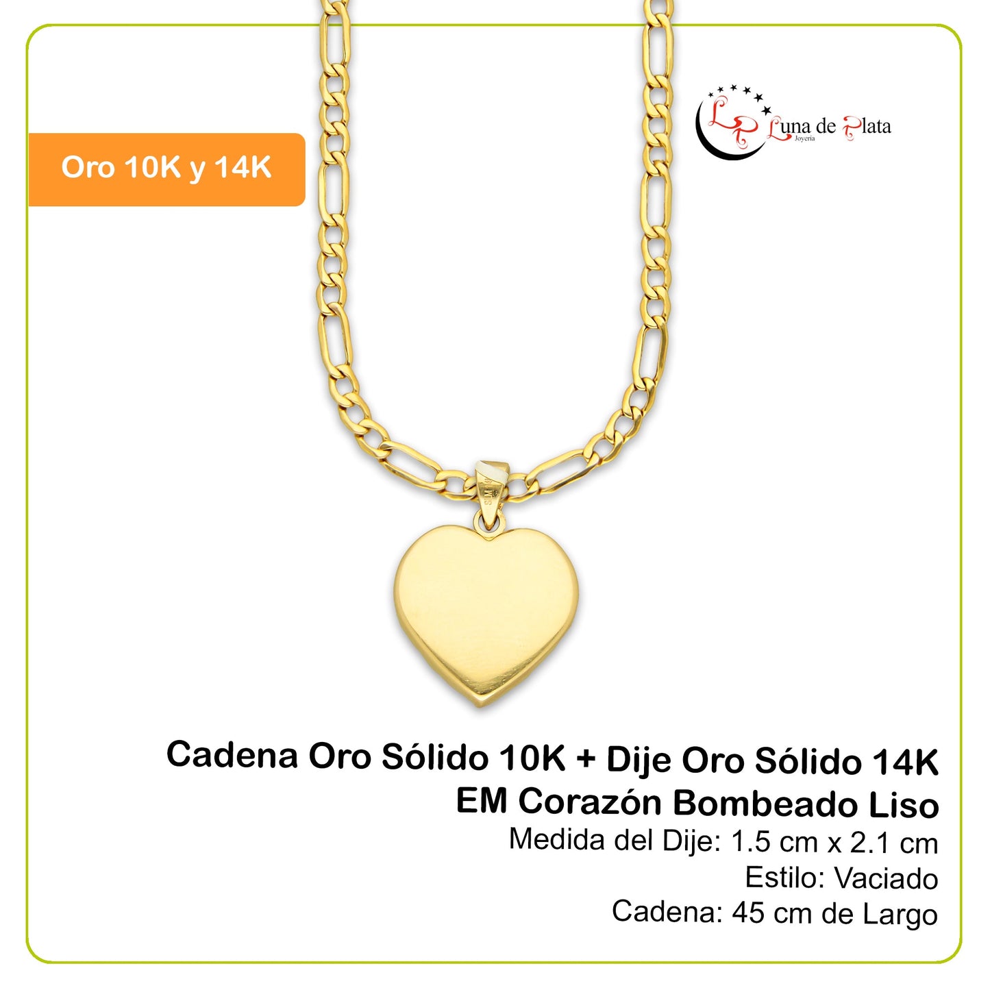 MR14DP088 Cadena Oro Sólido 10K + Dije Oro Sólido 14K EM Corazón Bombeado Liso 1.5 cm x 2.1 cm