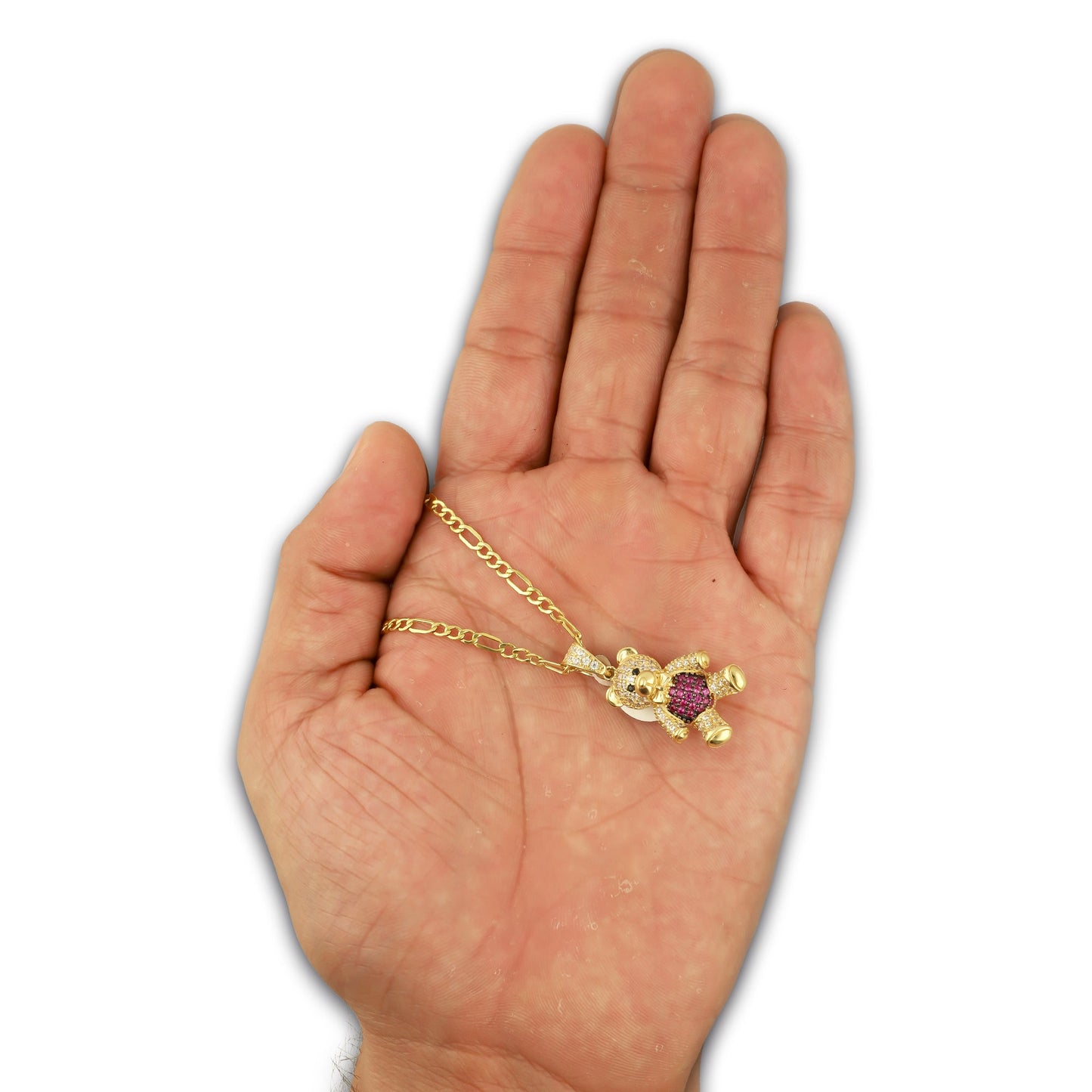 MR14DP090 Cadena Oro Sólido 10K + Dije Oro Sólido 14K EM Oso 3D Panza Rosa 1.5 cm x 2.9 cm