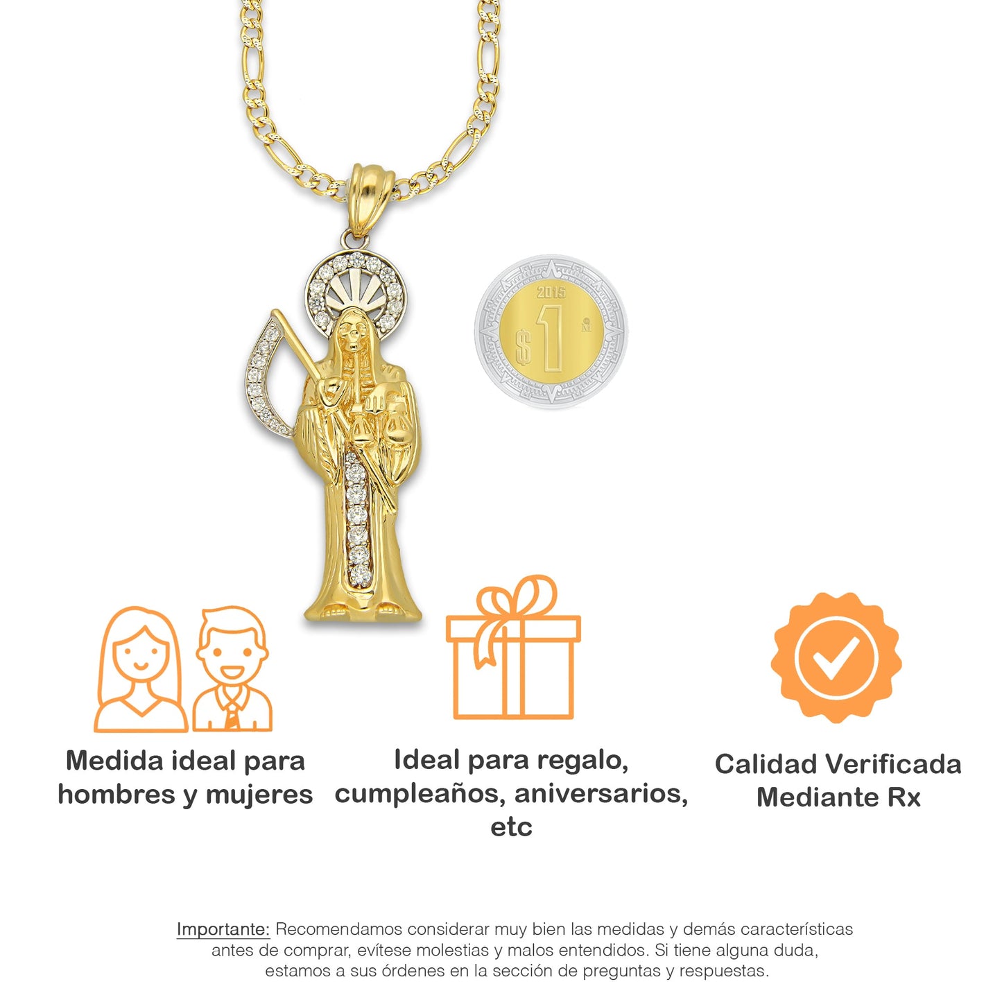 MR14DP101 Cadena Dama Oro Sólido 10K + Dije Oro Sólido 14K EM Santa Muerte con Zirconia 2.2 cm x 6.1 cm
