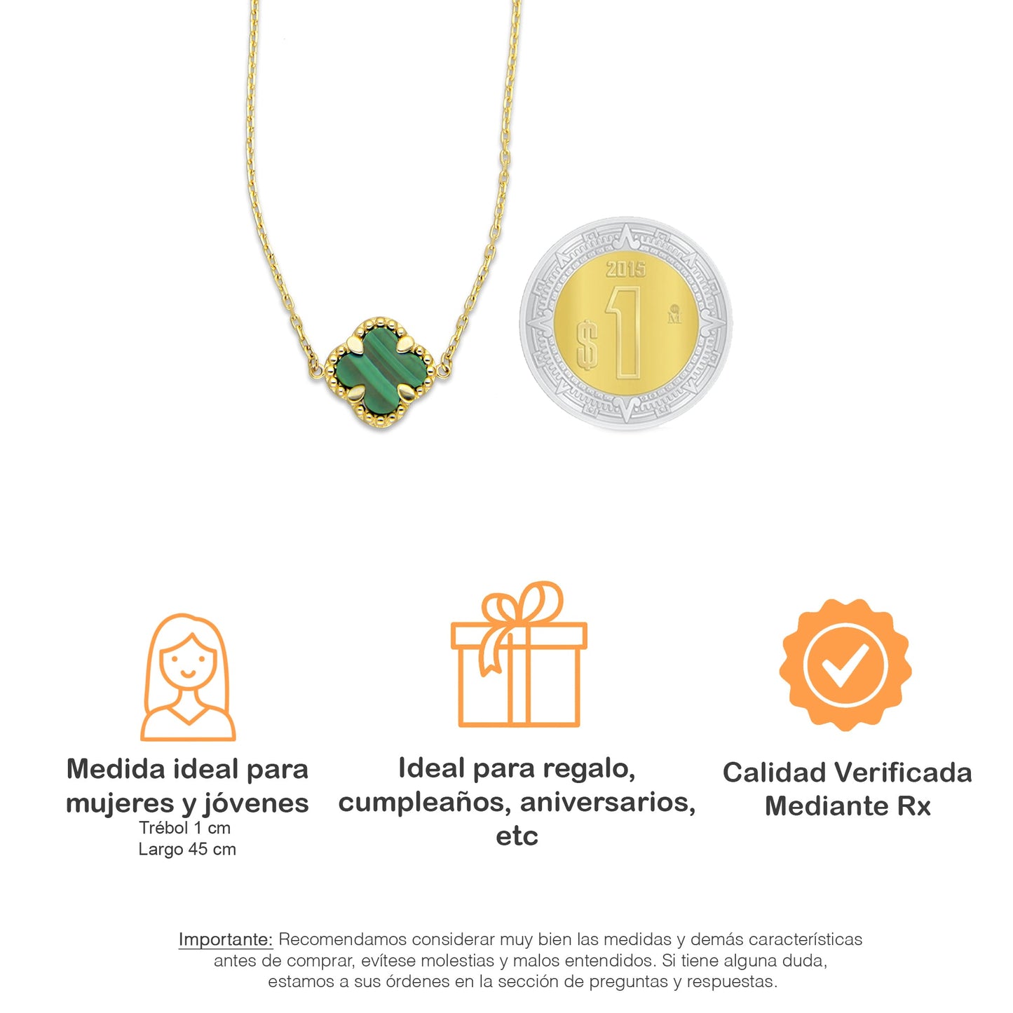 MR14G020 Gargantilla Collar Dama Oro Sólido 14K EMF14 3 Tréboles 1 cm Verdes Largo 45 cm