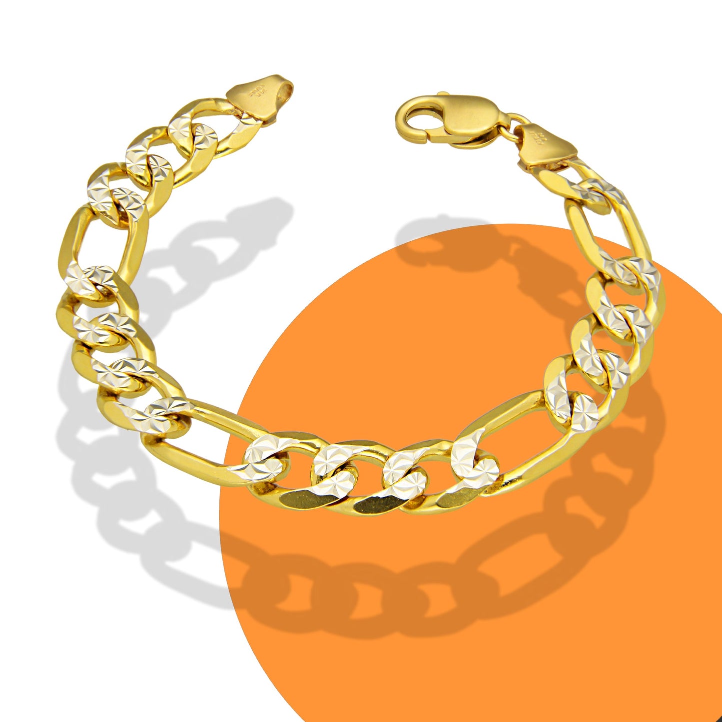 MR14PC038 Pulsera Para Caballero Oro Sólido 14K Mod Fígaro 3*1 Diamantada 11 mm x 21 cm
