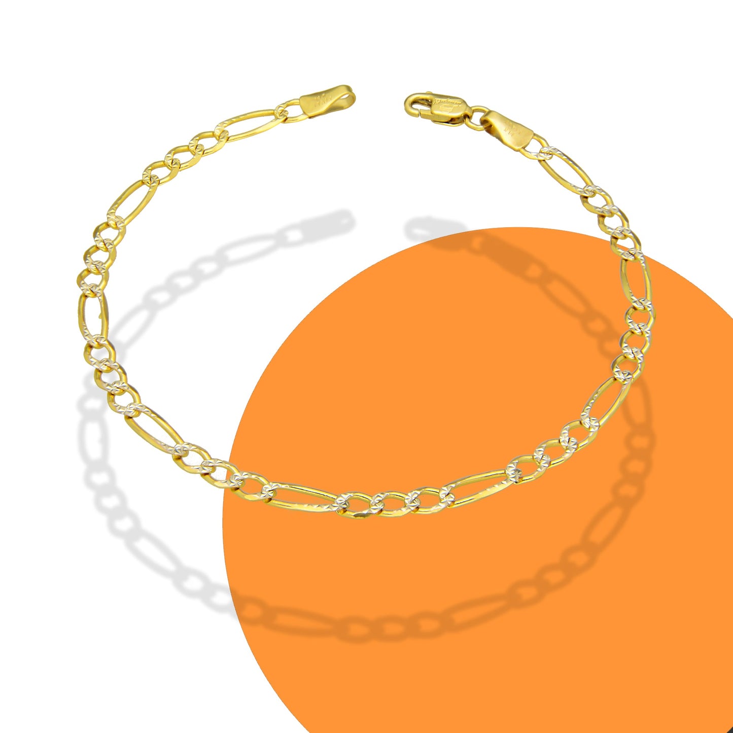 MR14PD108 Pulsera Dama Oro Sólido 14K Mod Fígaro 3*1 Diamantada 3.5 mm x 18 cm
