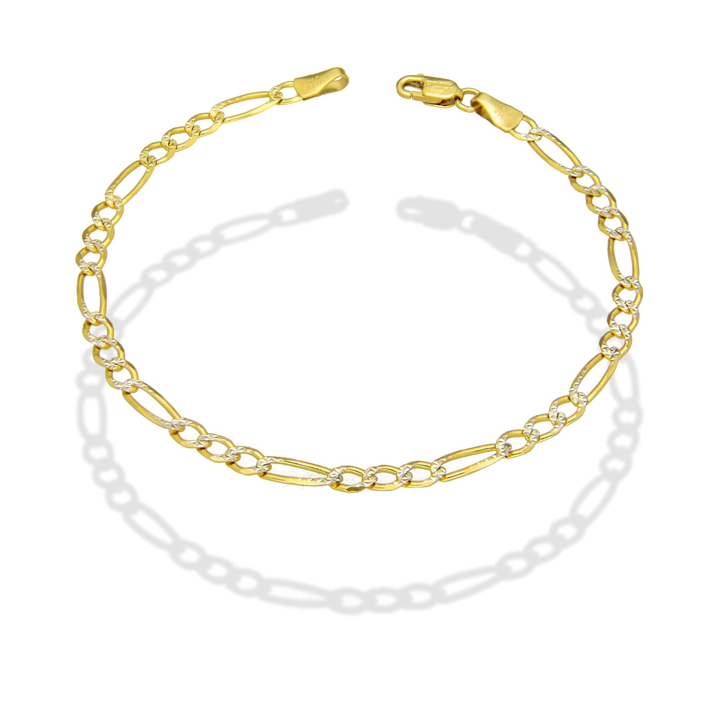 MR14PD108 Pulsera Dama Oro Sólido 14K Mod Fígaro 3*1 Diamantada 3.5 mm x 18 cm