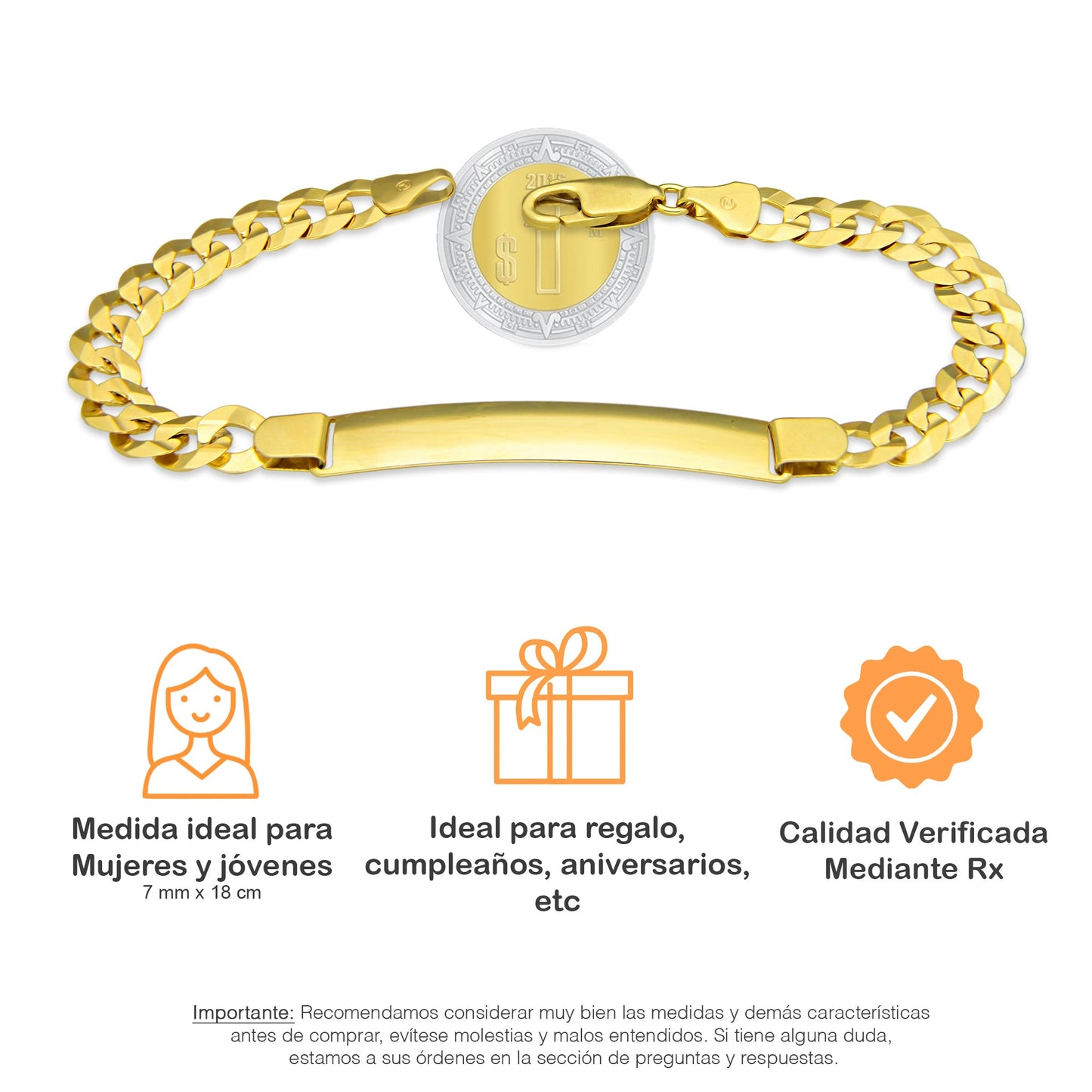 MR14PD118 Pulsera Esclava Dama Oro Sólido 14K Mod Cubana Americana Diamantada 7 mm x 18 cm