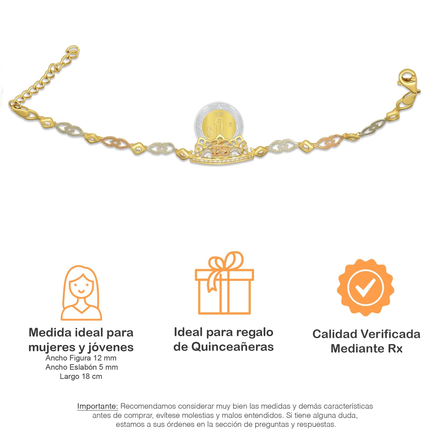 MR14PD121 Pulsera Esclava Dama Oro Sólido 14K Mod XV Años Corona Eslabones Corazón Diamantados Florentino Ancho Figura 12 mm, Ancho Eslabón 5 mm x 18 cm