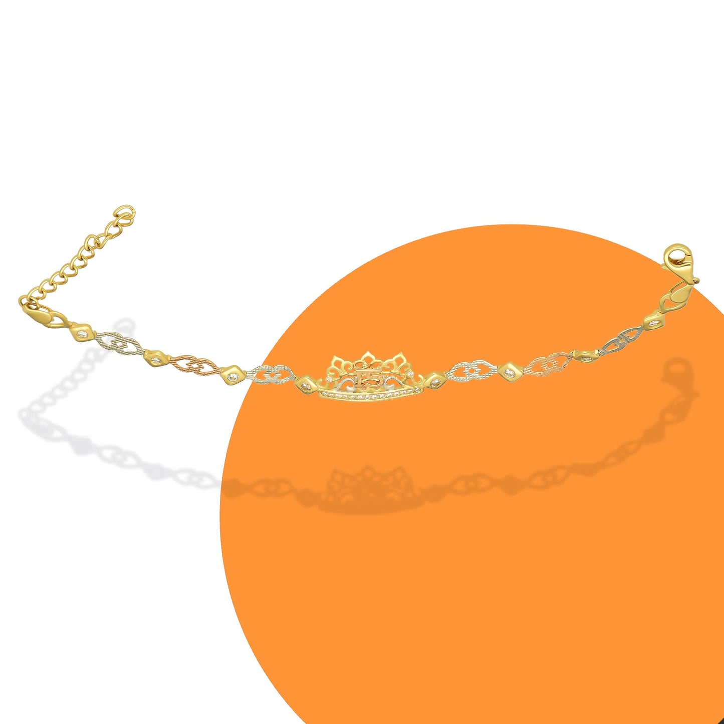 MR14PD121 Pulsera Esclava Dama Oro Sólido 14K Mod XV Años Corona Eslabones Corazón Diamantados Florentino Ancho Figura 12 mm, Ancho Eslabón 5 mm x 18 cm