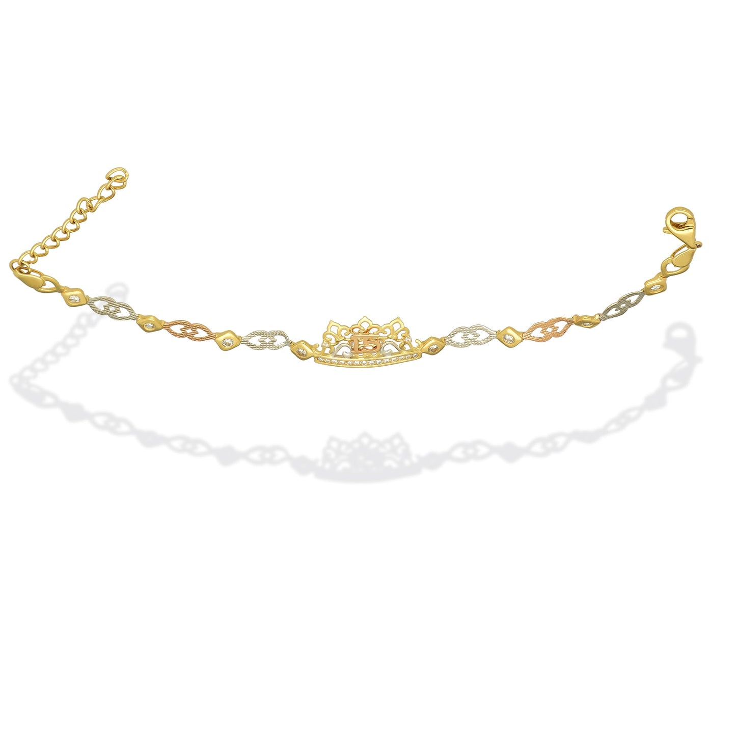 MR14PD121 Pulsera Esclava Dama Oro Sólido 14K Mod XV Años Corona Eslabones Corazón Diamantados Florentino Ancho Figura 12 mm, Ancho Eslabón 5 mm x 18 cm