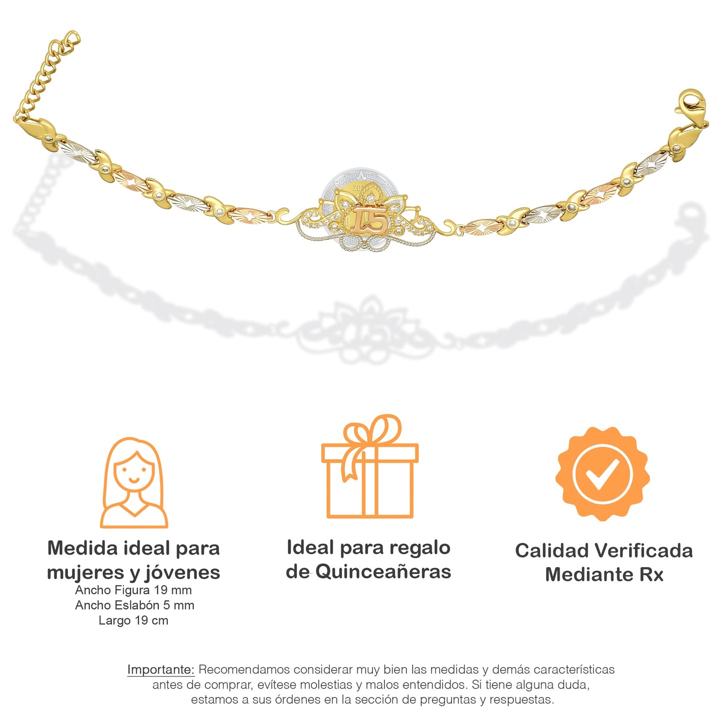 MR14PD122 Pulsera Esclava Dama Oro Sólido 14K Mod XV Años Ornamento Filigrana con Zirconias Ancho Figura 19 mm, Ancho Eslabón 5 mm x 19 cm