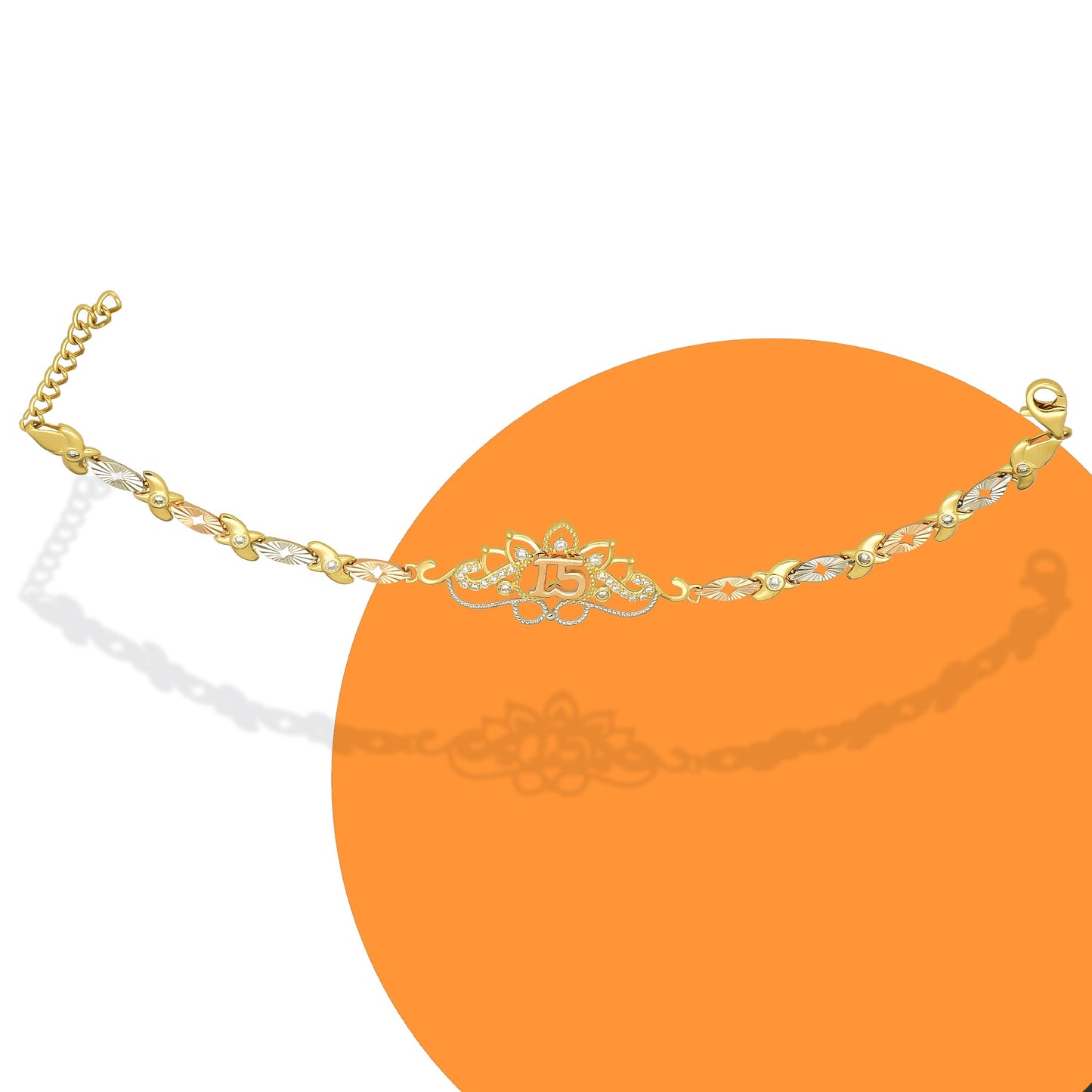 MR14PD122 Pulsera Esclava Dama Oro Sólido 14K Mod XV Años Ornamento Filigrana con Zirconias Ancho Figura 19 mm, Ancho Eslabón 5 mm x 19 cm