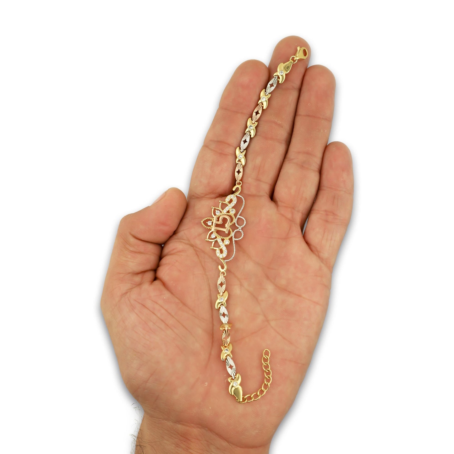 MR14PD122 Pulsera Esclava Dama Oro Sólido 14K Mod XV Años Ornamento Filigrana con Zirconias Ancho Figura 19 mm, Ancho Eslabón 5 mm x 19 cm