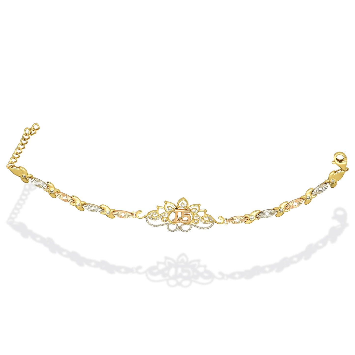 MR14PD122 Pulsera Esclava Dama Oro Sólido 14K Mod XV Años Ornamento Filigrana con Zirconias Ancho Figura 19 mm, Ancho Eslabón 5 mm x 19 cm