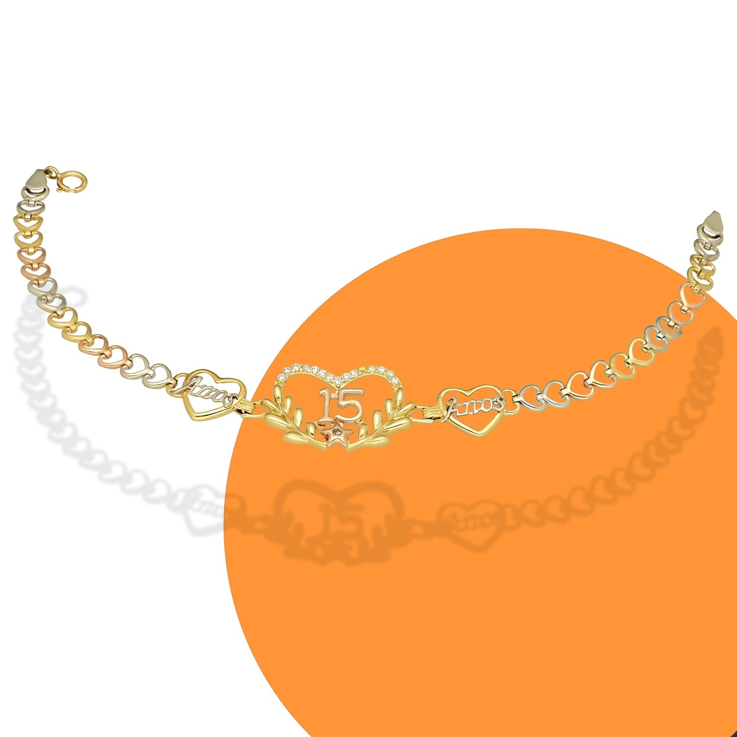 MR14PD123 Pulsera Esclava Dama Oro Sólido 14K Mod XV Años Laurel y Estrella Ancho Figura 16 mm, Ancho Eslabón 5 mm x 18 cm