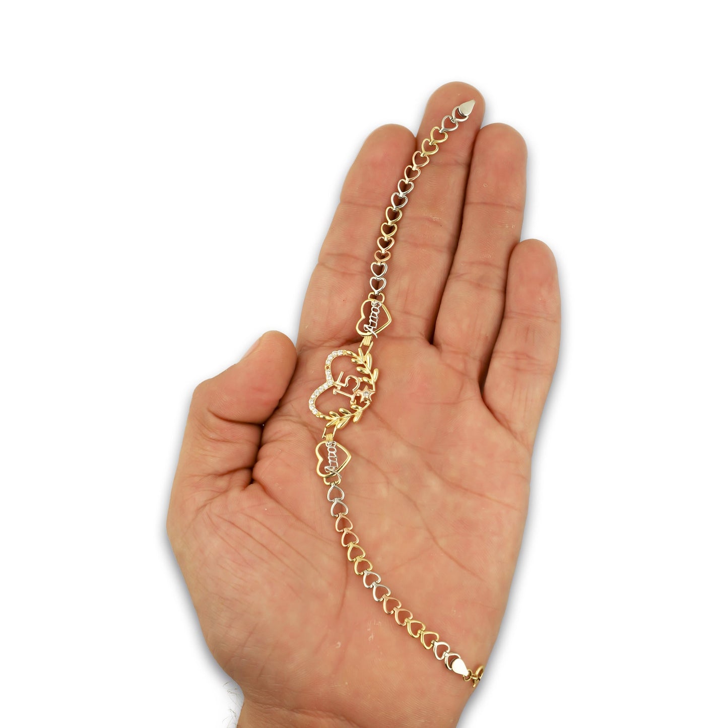 MR14PD123 Pulsera Esclava Dama Oro Sólido 14K Mod XV Años Laurel y Estrella Ancho Figura 16 mm, Ancho Eslabón 5 mm x 18 cm